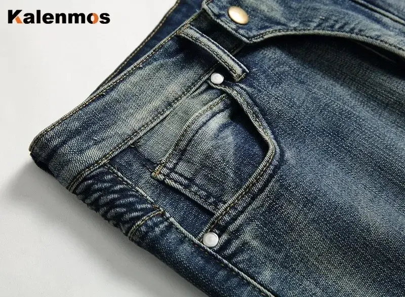 Men Jeans Spliced Skinny Moto Biker Hip Hop Pockets Punk Jeans Zipper Fly Flat Ankle Length Trouser Denim Washed 2025 Summer
