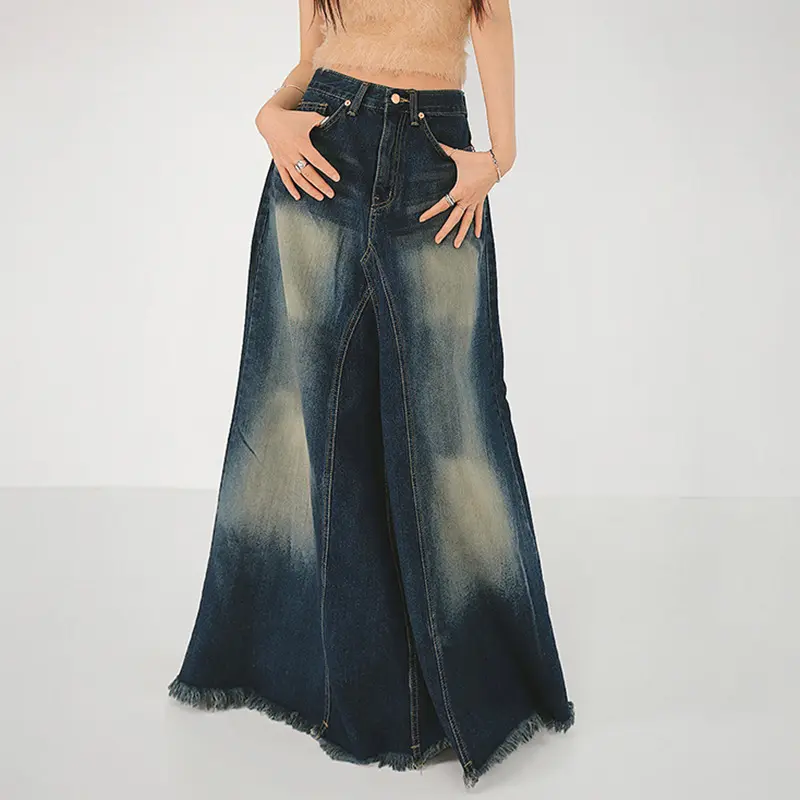 Women Skirts Denim Floor Length Skirt A Line Casual Loose Low Waist Button Pocket Elegant Y2k Streetwear Maxi Simple Temperament