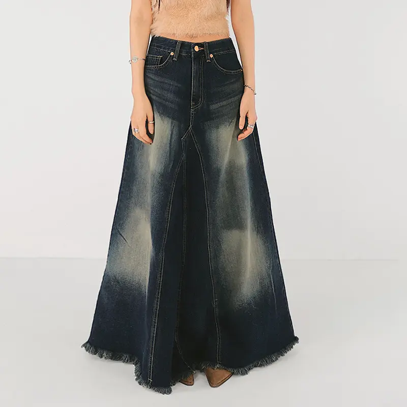 Women Skirts Denim Floor Length Skirt A Line Casual Loose Low Waist Button Pocket Elegant Y2k Streetwear Maxi Simple Temperament