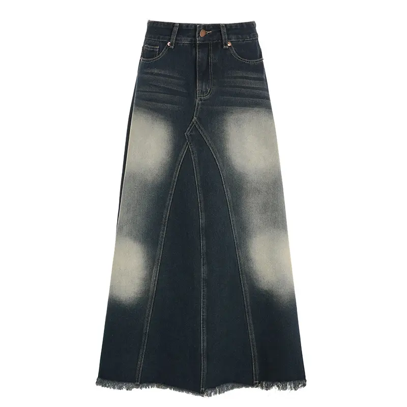 Women Skirts Denim Floor Length Skirt A Line Casual Loose Low Waist Button Pocket Elegant Y2k Streetwear Maxi Simple Temperament