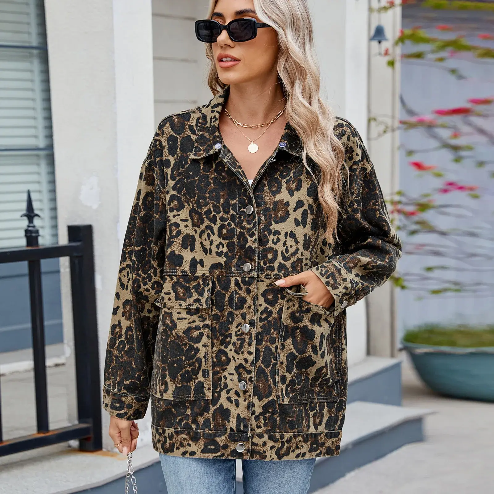 Denim Jacket Women Leopard Print Coat Washed Removable Hood Pockets Turn Down Collar Single Breasted 2025 Streetwear Outerwear