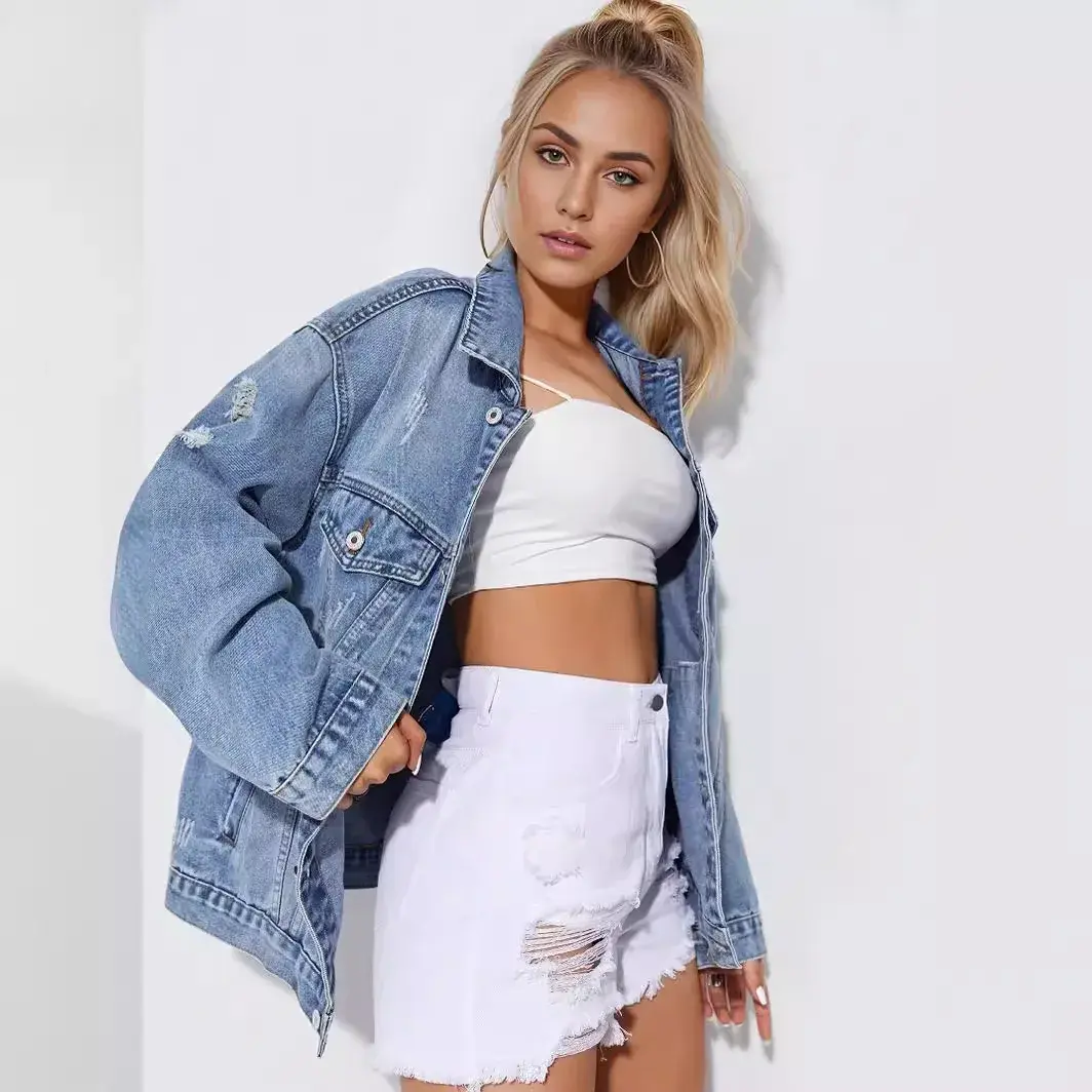 Denim Coat Women Holes Jackets Cardigan Single Breasted Turn Down Collar Loose Mom Jeans Distressed High Street Pockets Jacket