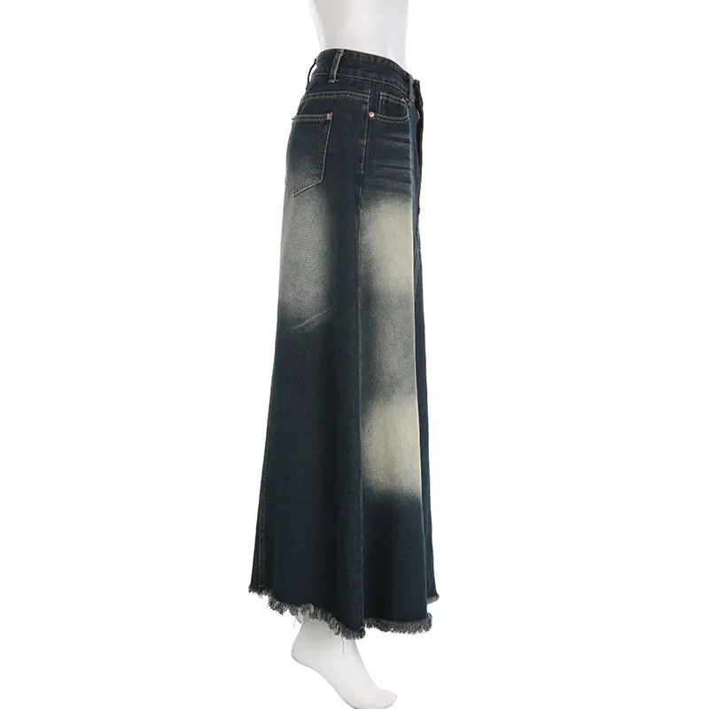 Women Skirts Denim Floor Length Skirt A Line Casual Loose Low Waist Button Pocket Elegant Y2k Streetwear Maxi Simple Temperament