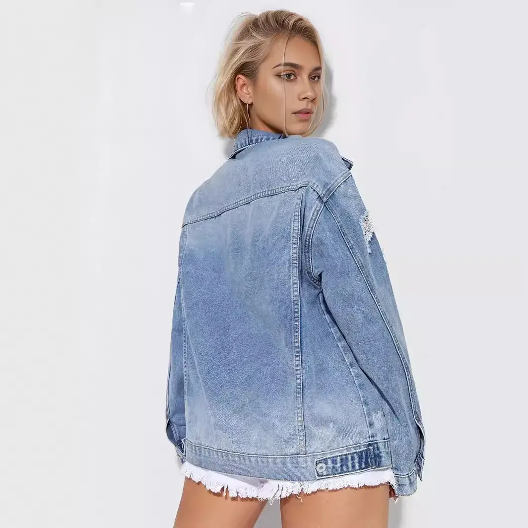 Denim Coat Women Holes Jackets Cardigan Single Breasted Turn Down Collar Loose Mom Jeans Distressed High Street Pockets Jacket