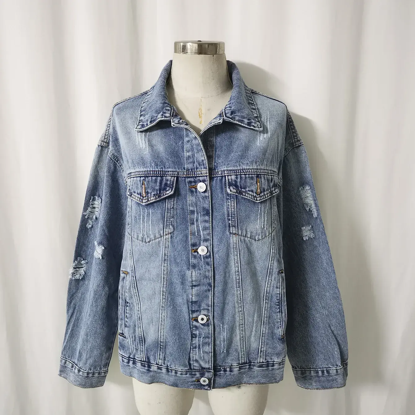 Denim Coat Women Holes Jackets Cardigan Single Breasted Turn Down Collar Loose Mom Jeans Distressed High Street Pockets Jacket