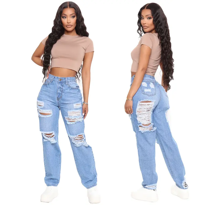 Denim Pants Women Mom Jeans Hole Long Pants Wide Leg Casual Loose High Waist Straight Trousers Y2k Streetwear Party Club