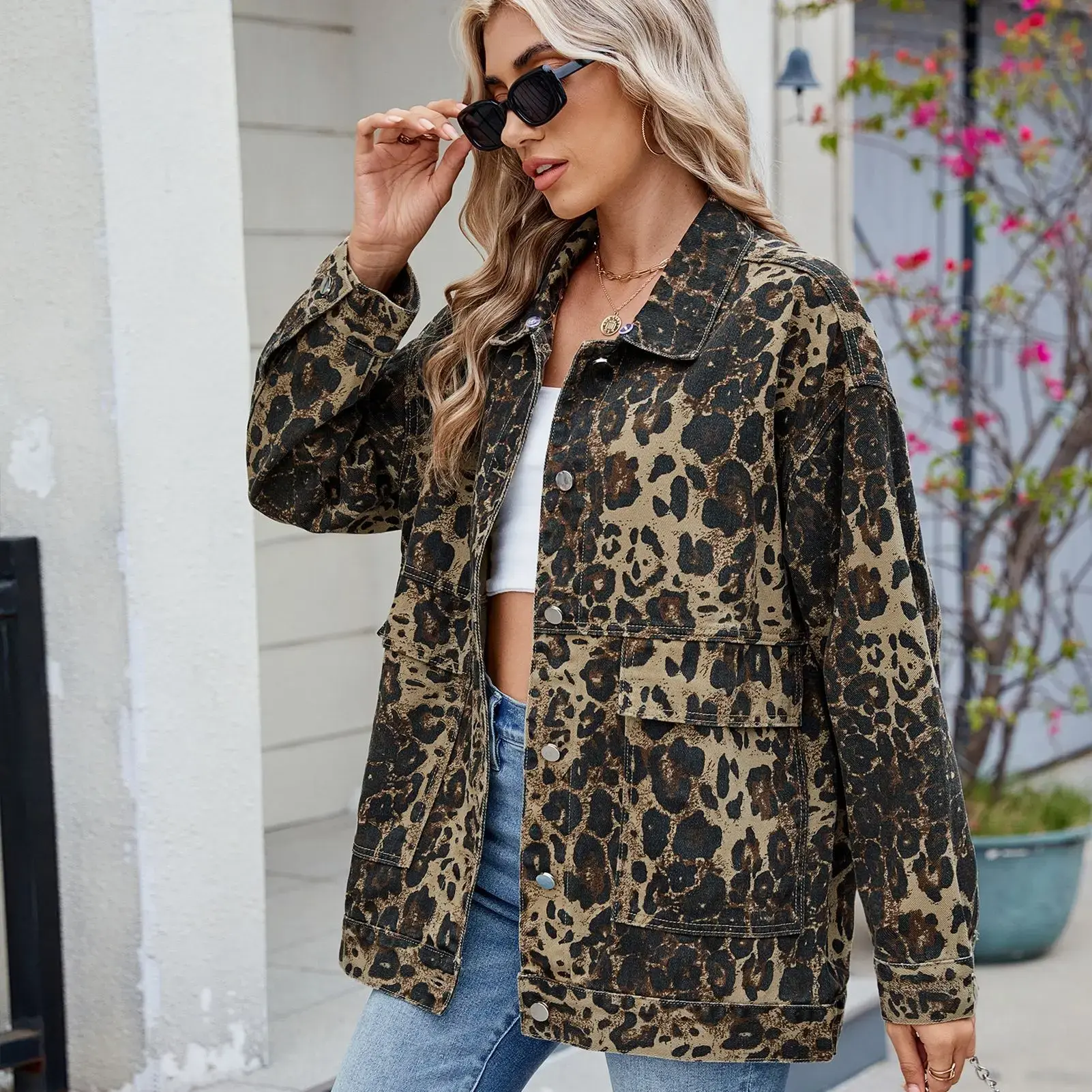 Denim Jacket Women Leopard Print Coat Washed Removable Hood Pockets Turn Down Collar Single Breasted 2025 Streetwear Outerwear