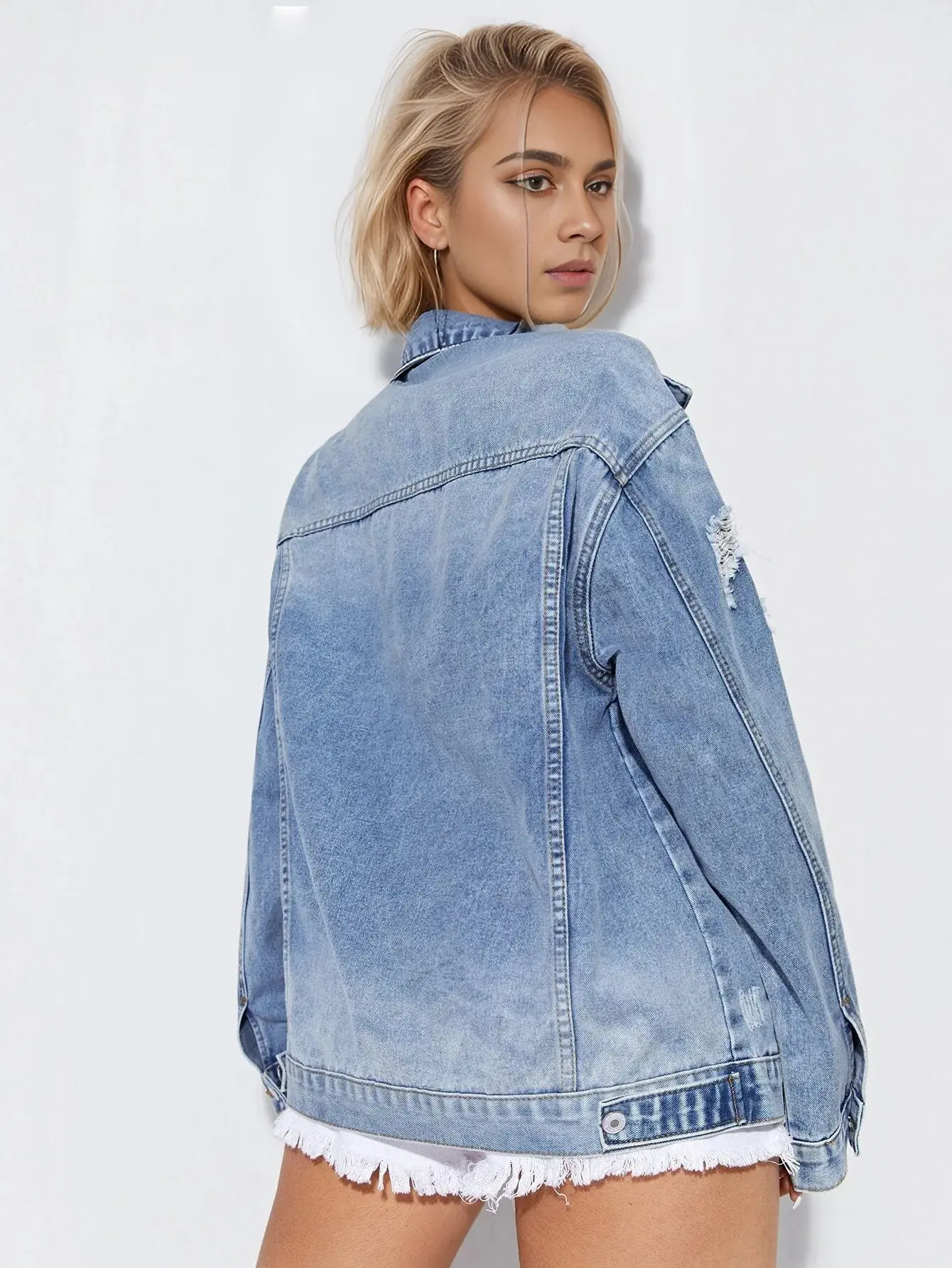 Denim Coat Women Holes Jackets Cardigan Single Breasted Turn Down Collar Loose Mom Jeans Distressed High Street Pockets Jacket