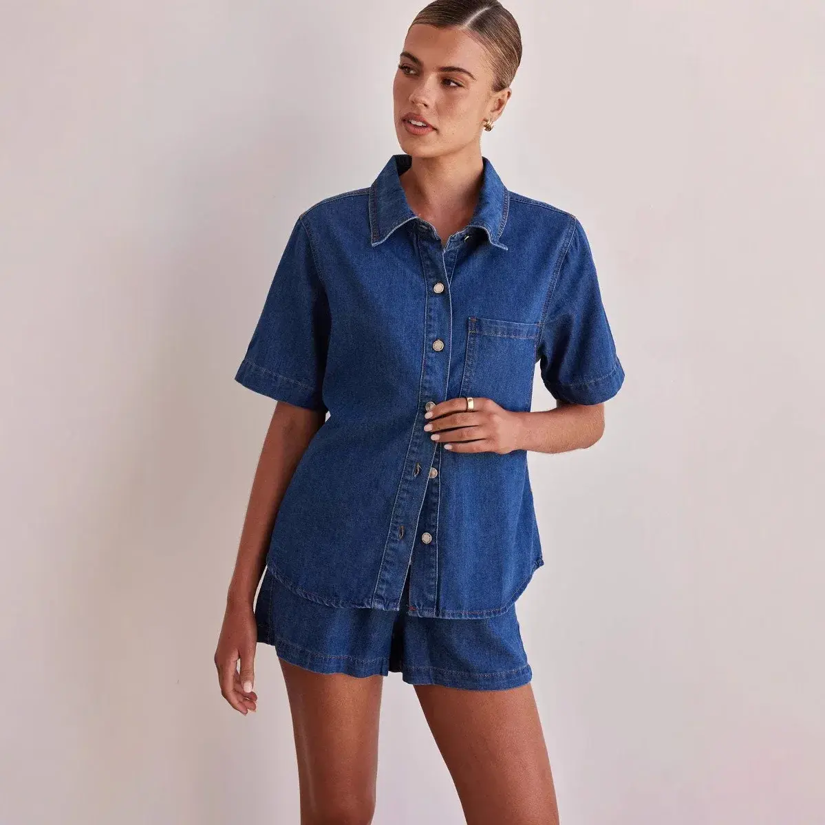 Denim Suits Women Shirt Short Sleeve Single Breasted Pocket Top High Waist Shorts Streetwear Y2k 2025 Vintage Two Piece Sets