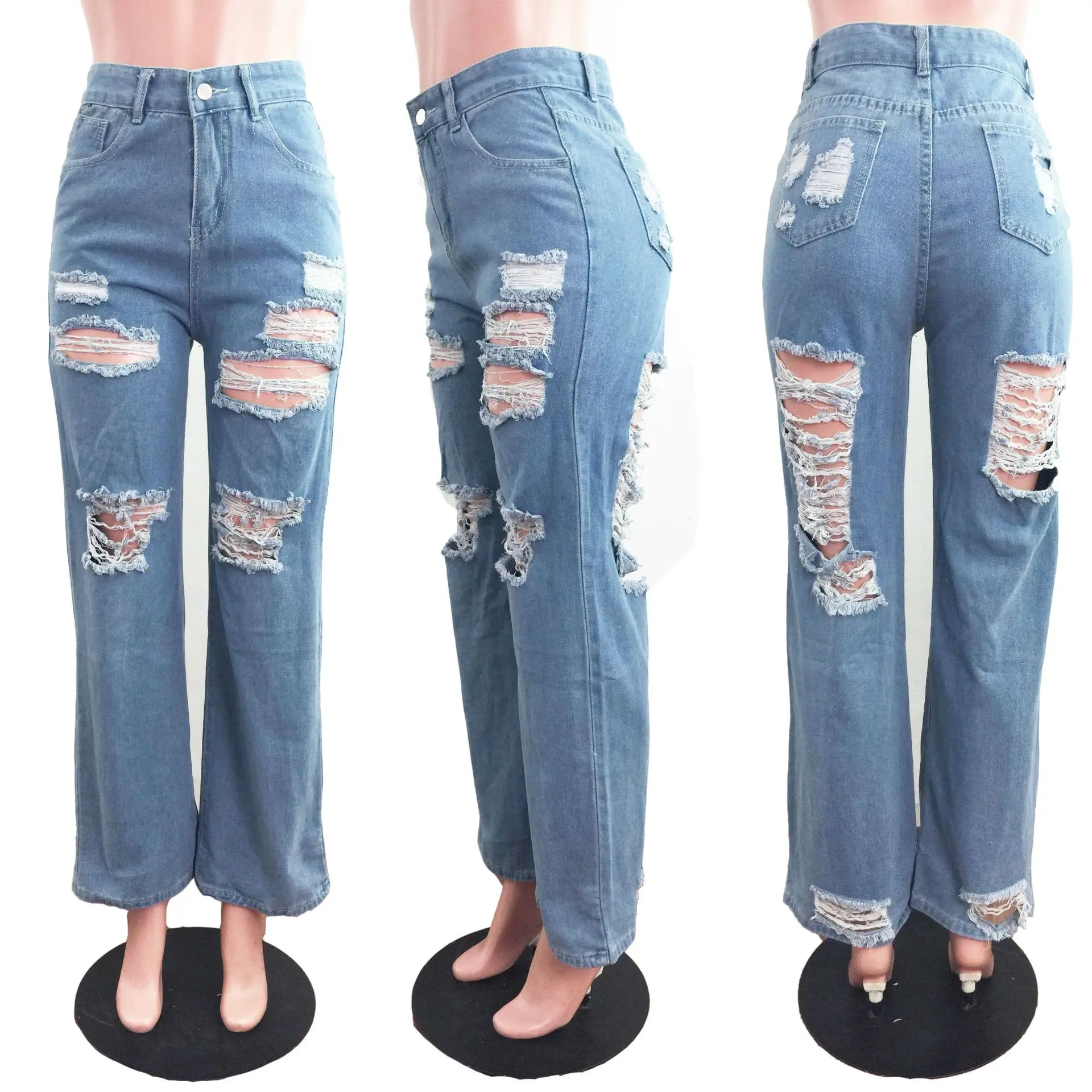 Denim Pants Women Mom Jeans Hole Long Pants Wide Leg Casual Loose High Waist Straight Trousers Y2k Streetwear Party Club