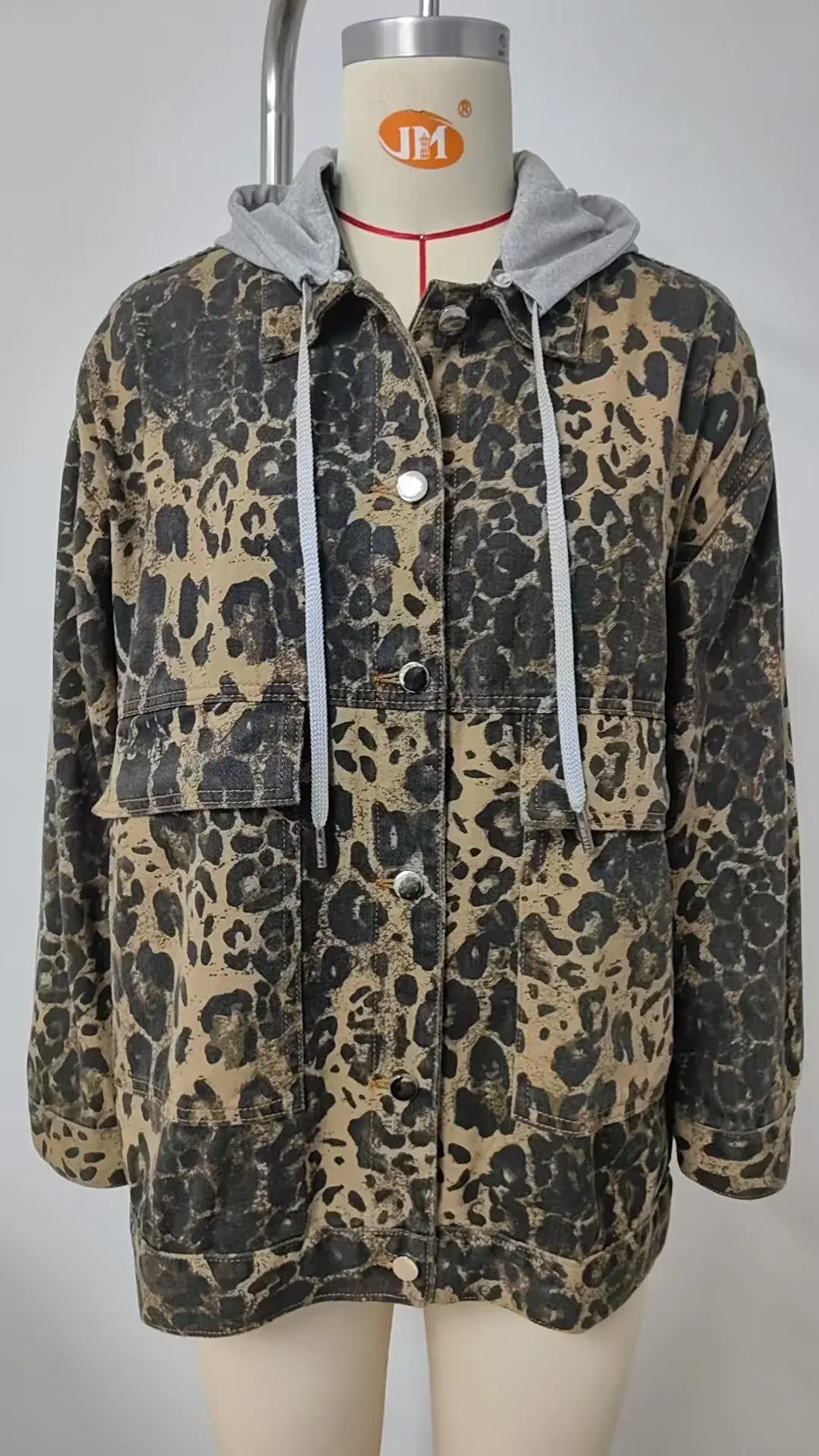 Denim Jacket Women Leopard Print Coat Washed Removable Hood Pockets Turn Down Collar Single Breasted 2025 Streetwear Outerwear