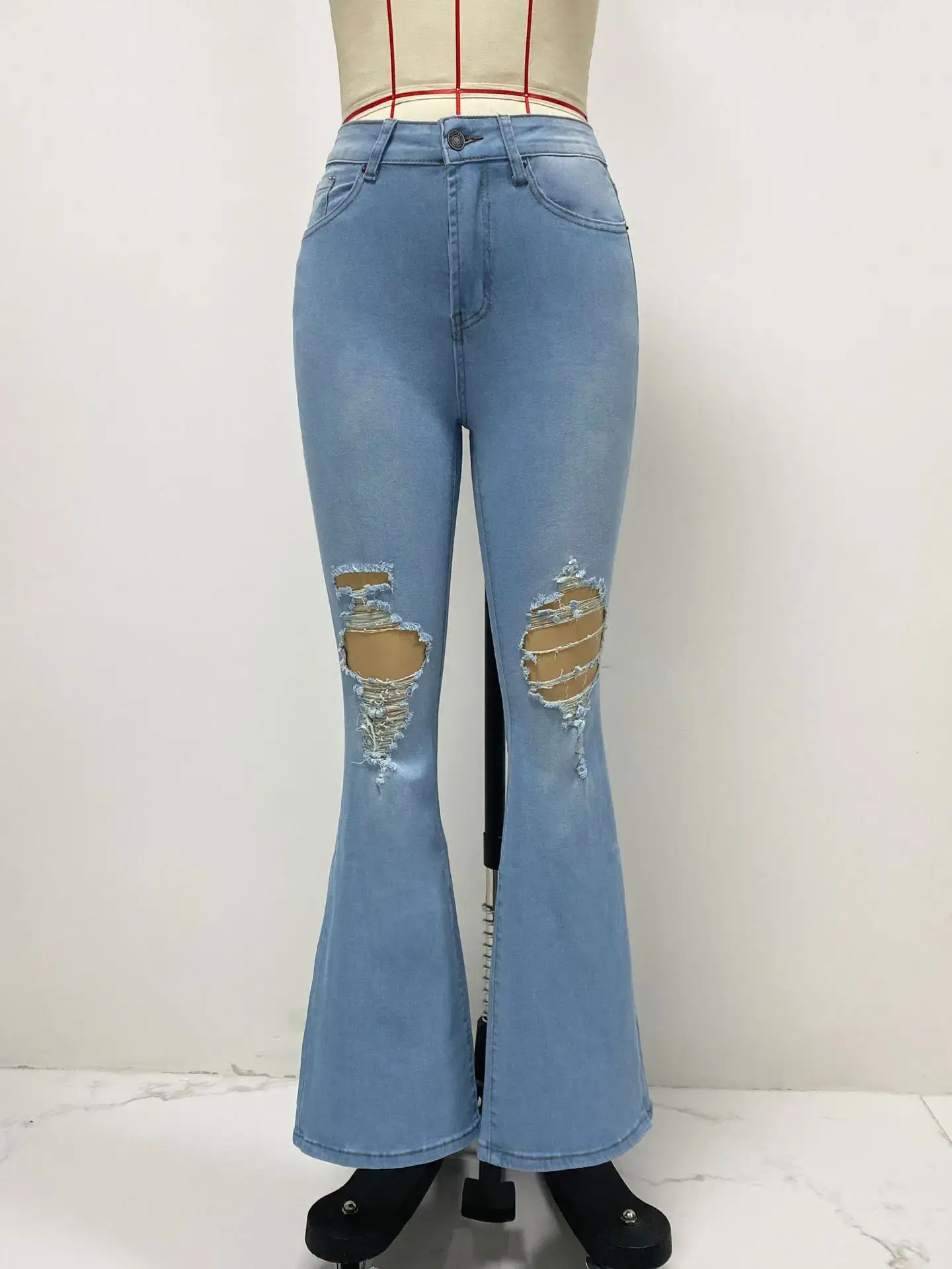 Flare Jeans Women Ankle Length Hole Denim Pants Bodycon Ripped Jean Pockets Punk Loose High Waist Zipper Fly Y2k Streetwear
