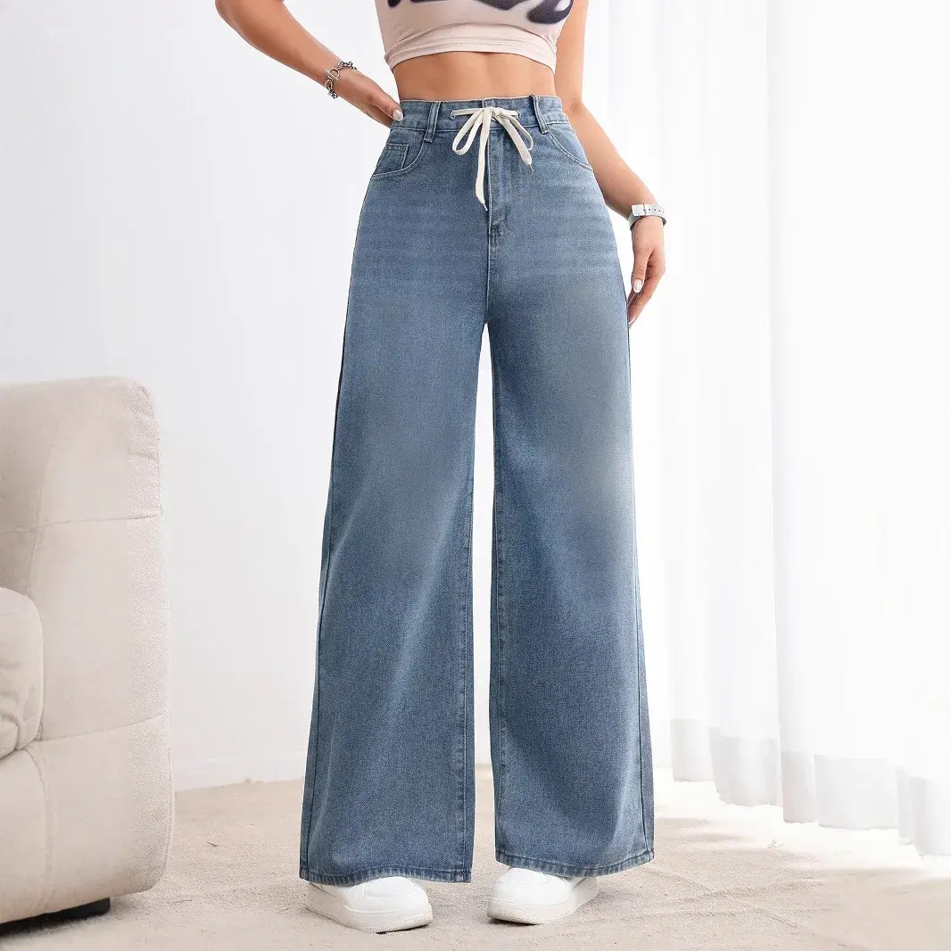 Denim Wide Leg Pants Women Mom Jeans Vintage Drawstring Lace Up High Waist y2k Distressed Straight Trousers 2025 Streetwear