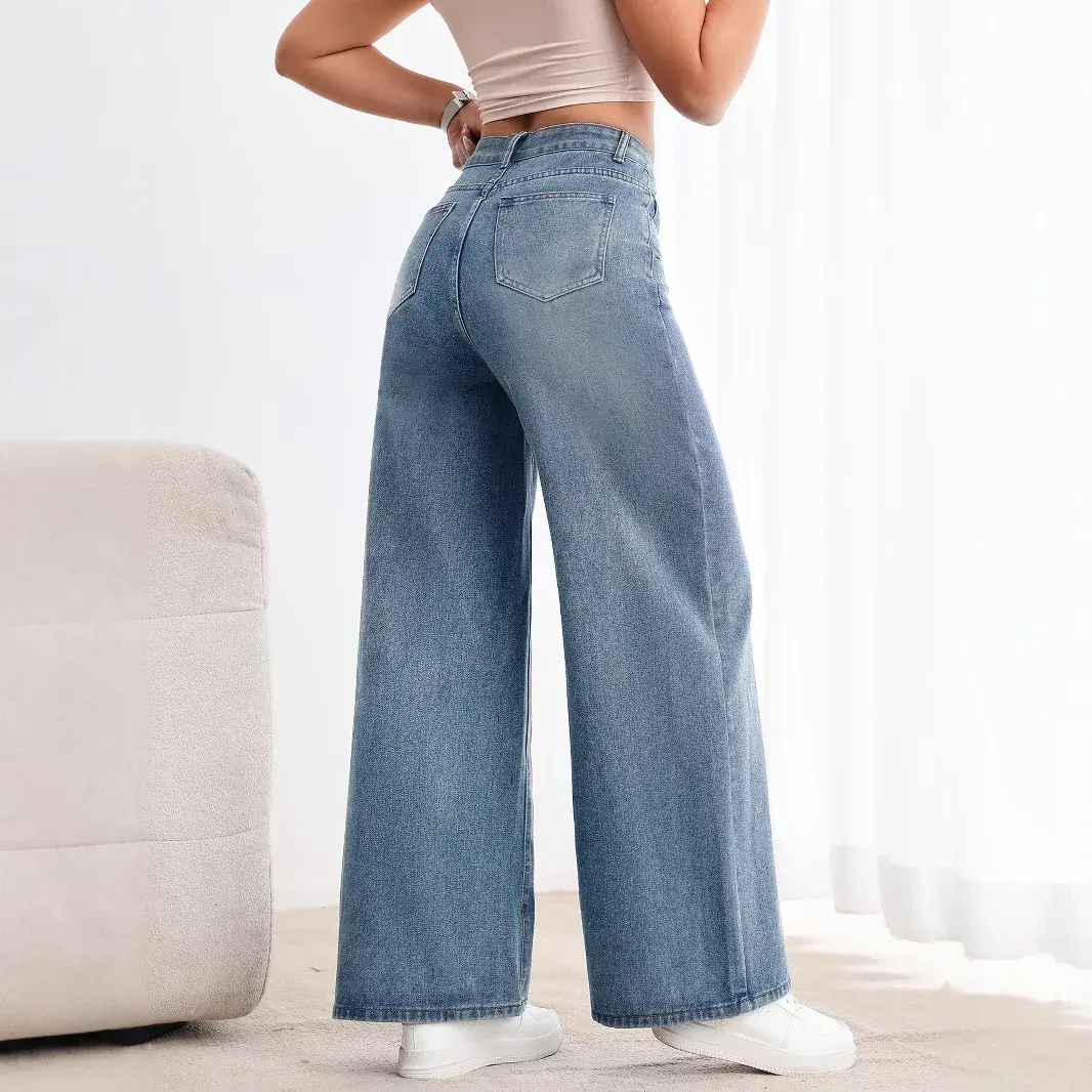 Denim Wide Leg Pants Women Mom Jeans Vintage Drawstring Lace Up High Waist y2k Distressed Straight Trousers 2025 Streetwear