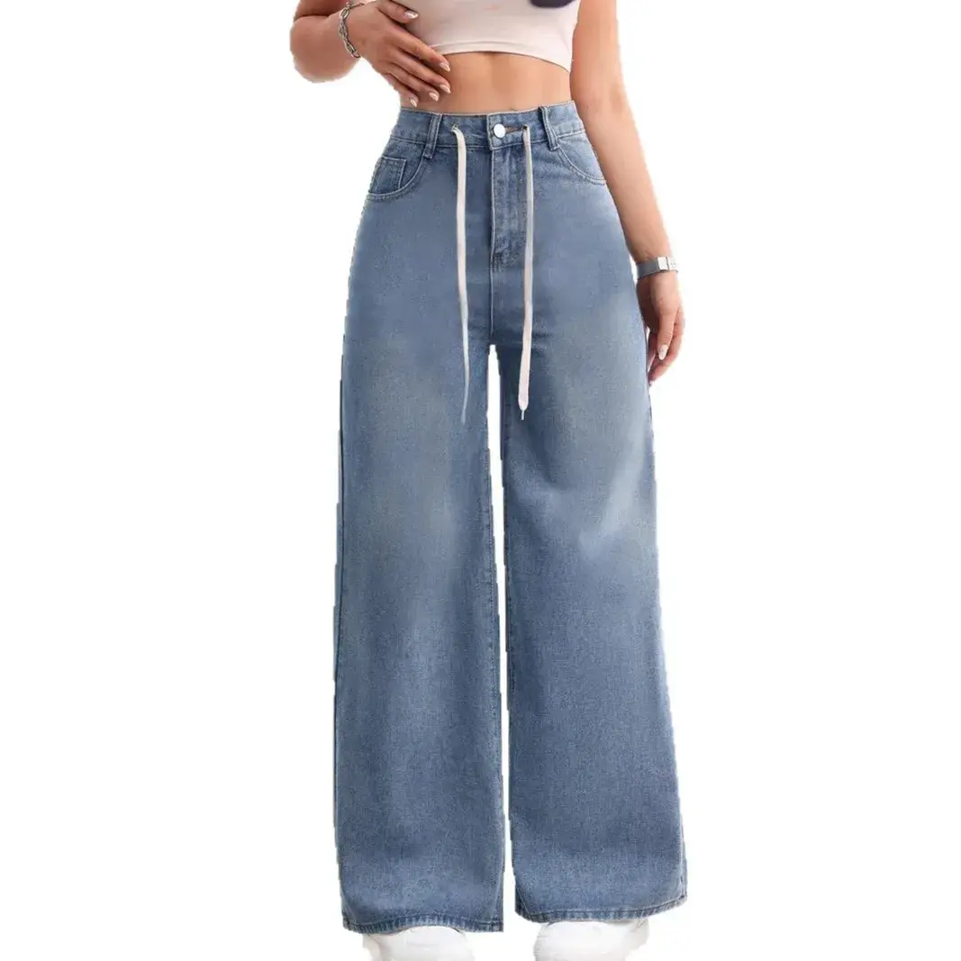 Denim Wide Leg Pants Women Mom Jeans Vintage Drawstring Lace Up High Waist y2k Distressed Straight Trousers 2025 Streetwear