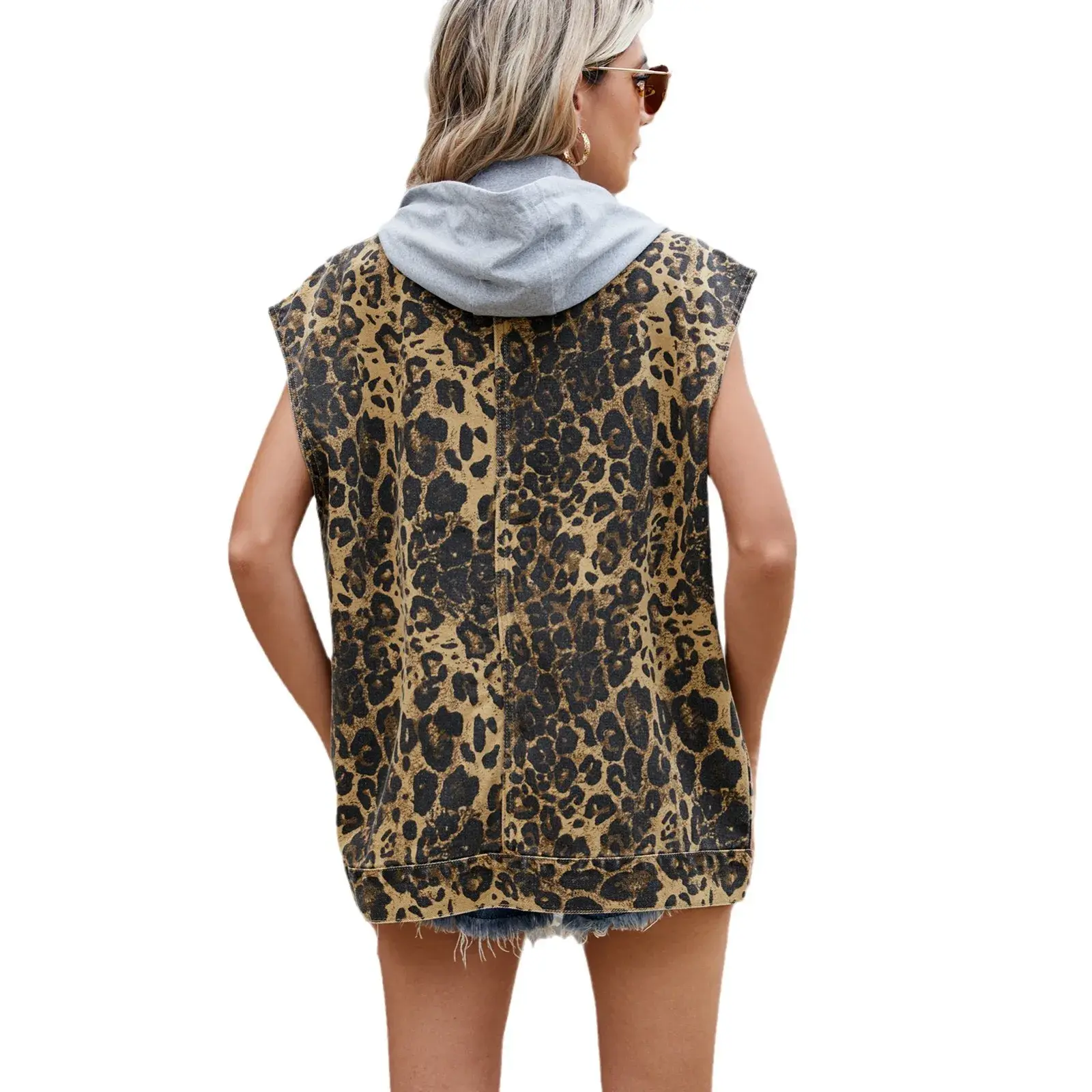 Leopard Print Denim Vest Coat Women Washed Turn Down Collar Single Breasted Removable Hood Sleeveless Jacket Y2k Streetwear