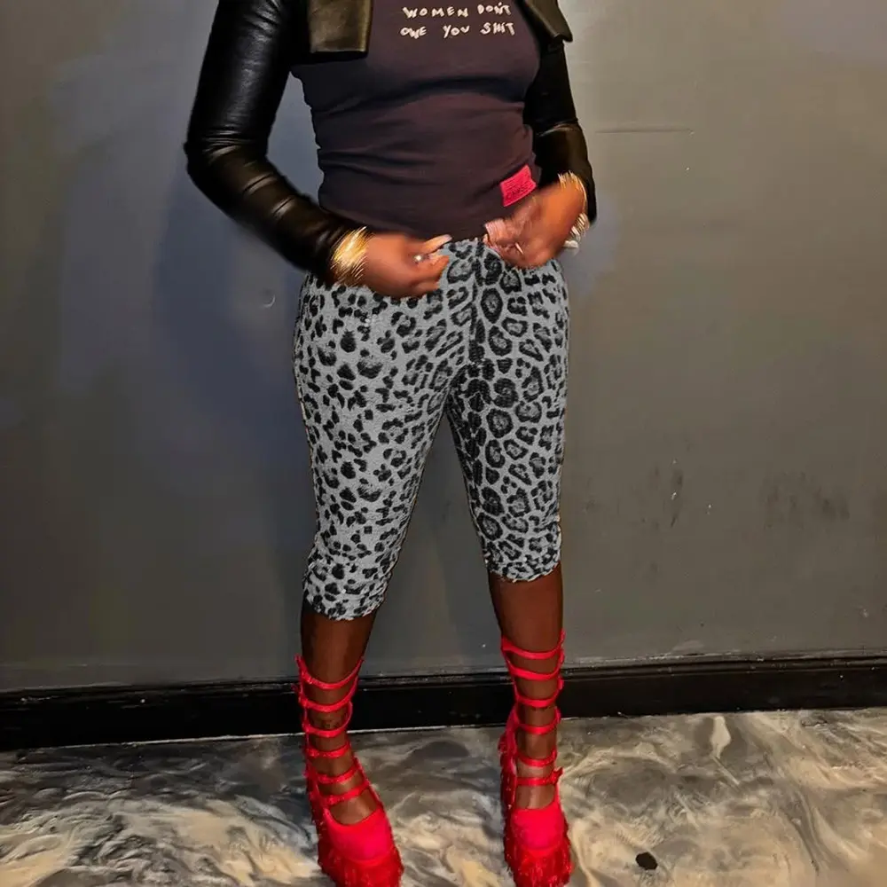 Pant Women Knee Length Pants Leopard Print Slim High Waist Sequin Straight Trousers Y2k Streetwear Elegant Splice Slim Capris