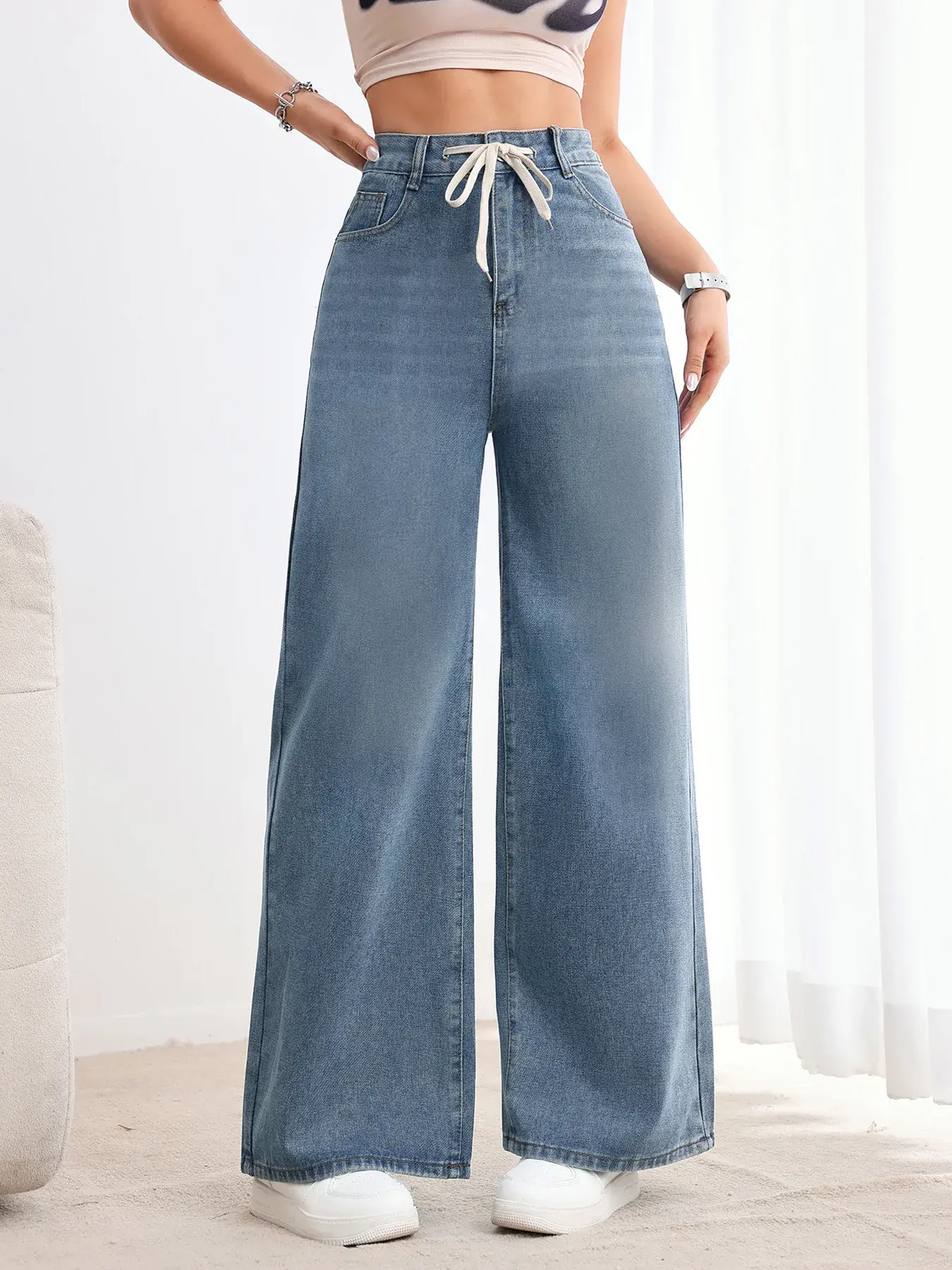 Denim Wide Leg Pants Women Mom Jeans Vintage Drawstring Lace Up High Waist y2k Distressed Straight Trousers 2025 Streetwear