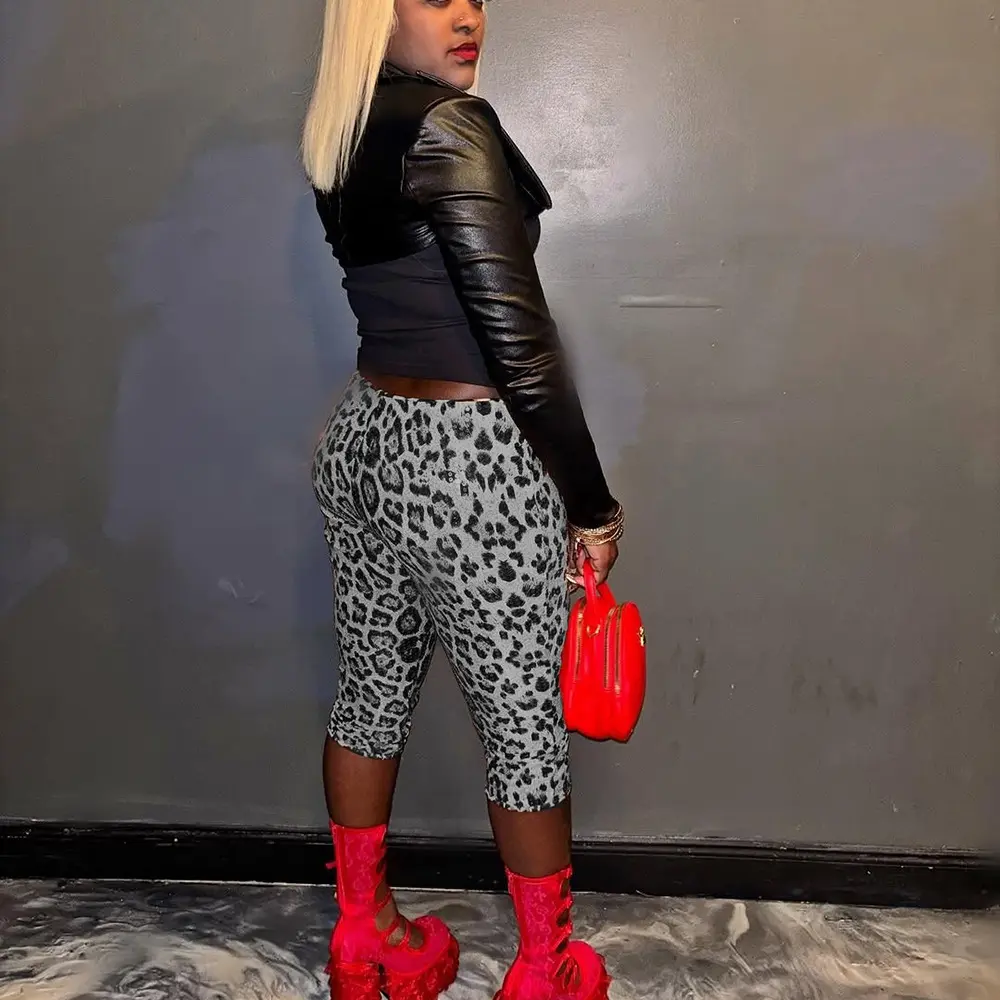 Pant Women Knee Length Pants Leopard Print Slim High Waist Sequin Straight Trousers Y2k Streetwear Elegant Splice Slim Capris