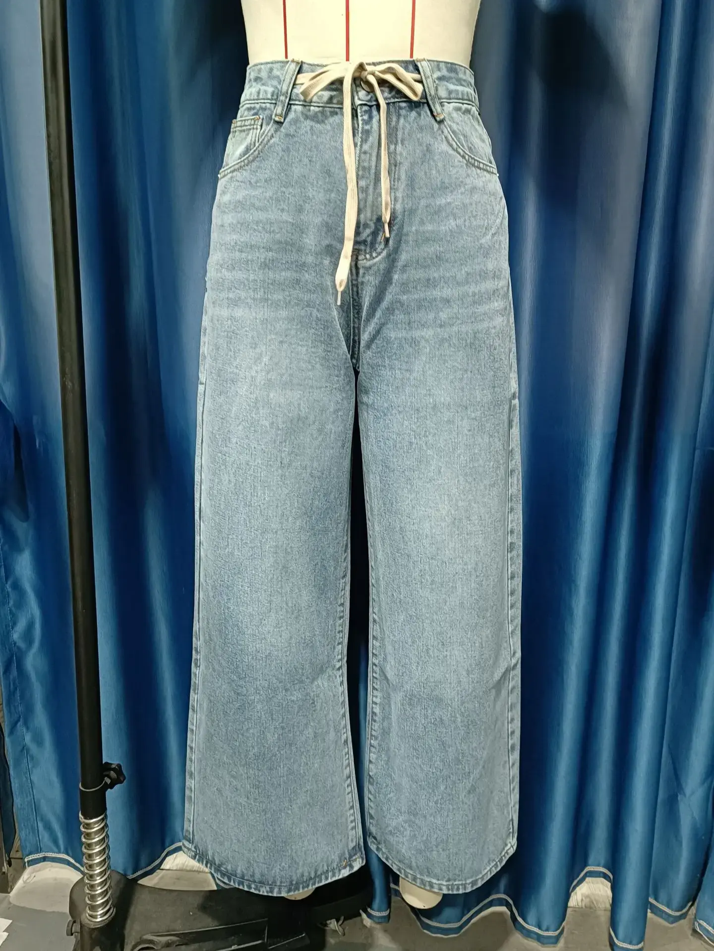 Denim Wide Leg Pants Women Mom Jeans Vintage Drawstring Lace Up High Waist y2k Distressed Straight Trousers 2025 Streetwear