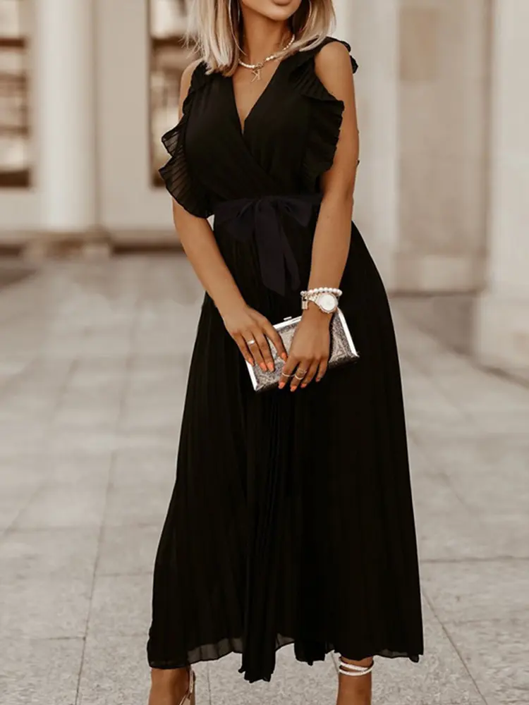 Elegant Dress Women Casual V Neck Office Shirt White Party Dress Y2k Streetwear Ruffles Sleeve Loose Sashes Party Dresses Robe