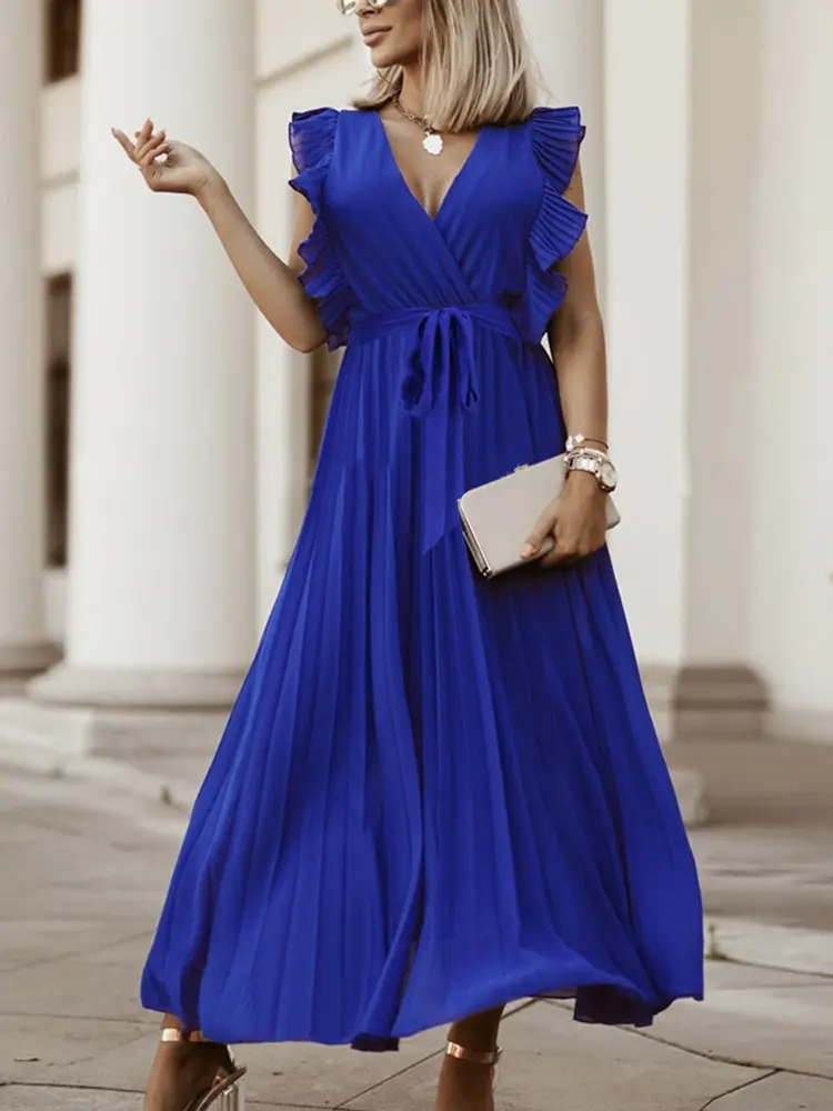 Elegant Dress Women Casual V Neck Office Shirt White Party Dress Y2k Streetwear Ruffles Sleeve Loose Sashes Party Dresses Robe