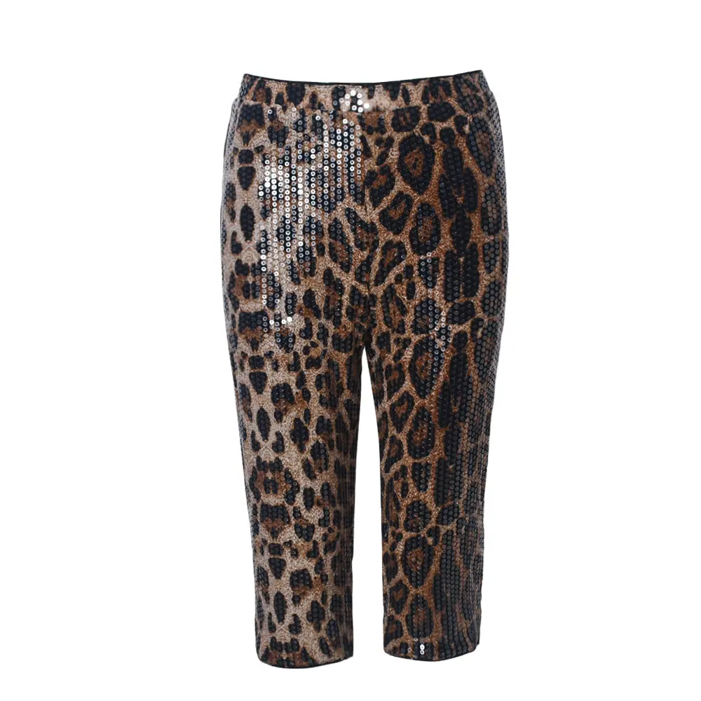 Pant Women Knee Length Pants Leopard Print Slim High Waist Sequin Straight Trousers Y2k Streetwear Elegant Splice Slim Capris