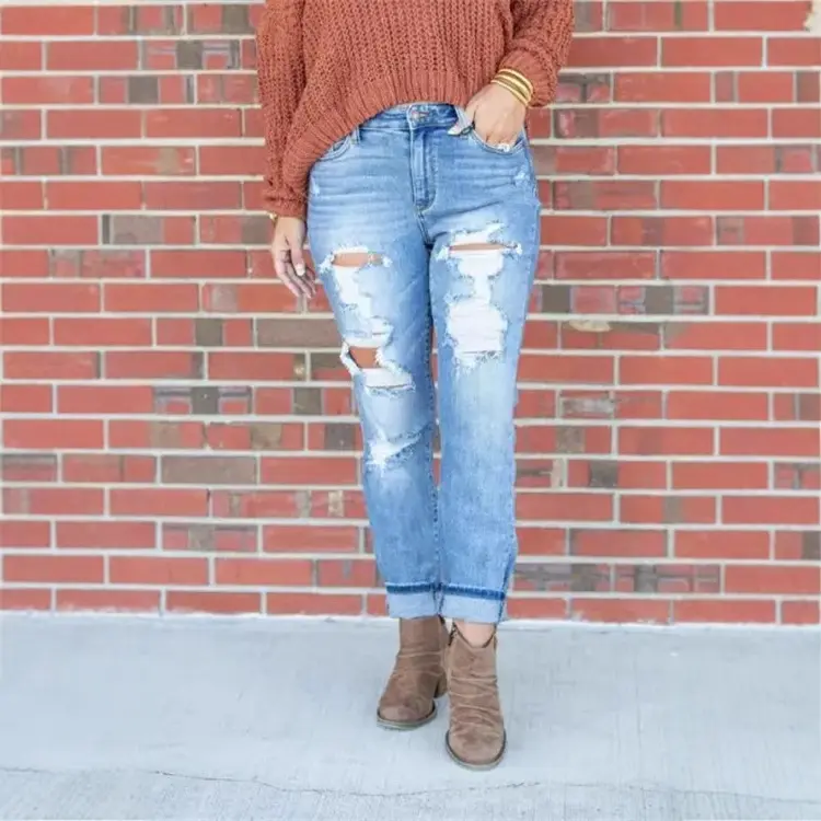 Jeans Women Long Pants Denim Hole Pencil Pant Y2k Streetwear High Waist Sexy Splice Temperament Straight Trousers Spring 2025