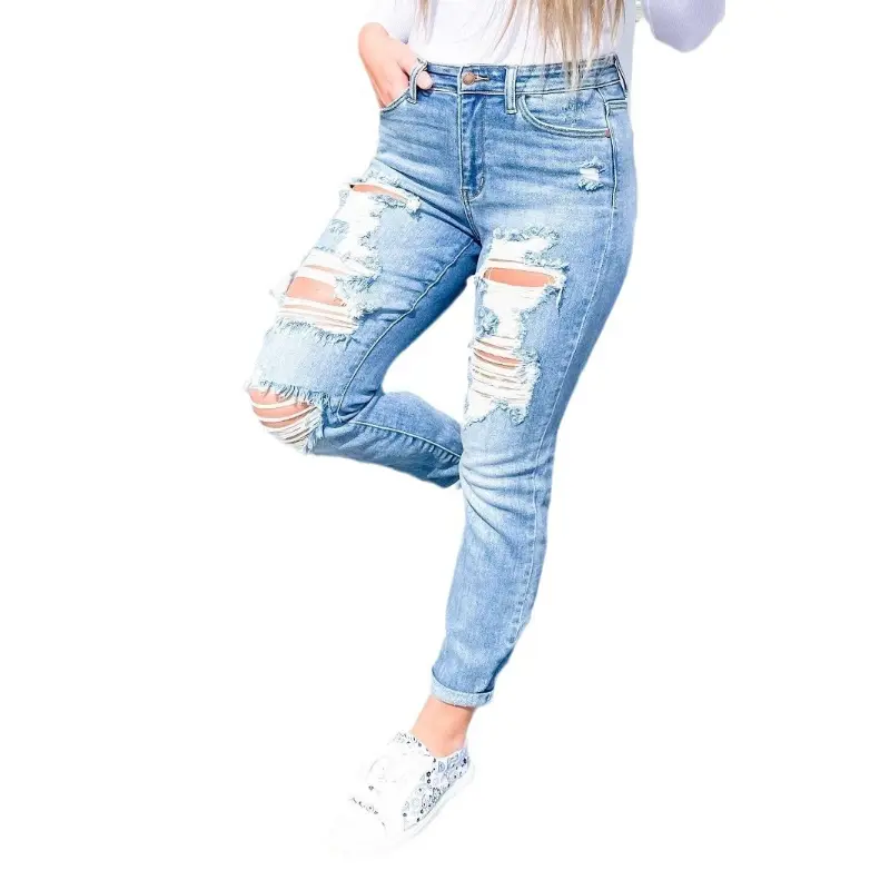 Jeans Women Long Pants Denim Hole Pencil Pant Y2k Streetwear High Waist Sexy Splice Temperament Straight Trousers Spring 2025