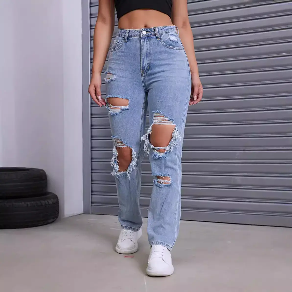 Ripped Jeans for Women Distressed Hole Straight Pants Denim Mom 2025 Streetwear High Waist Washed Vintage Ankle Length Trousers