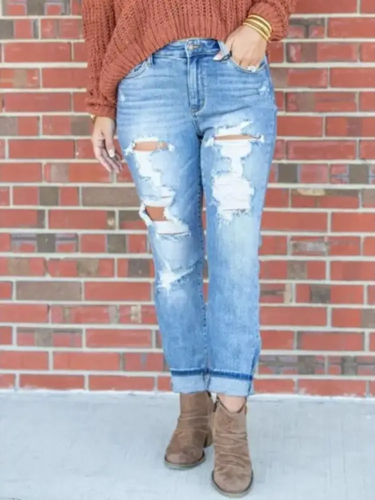 Jeans Women Long Pants Denim Hole Pencil Pant Y2k Streetwear High Waist Sexy Splice Temperament Straight Trousers Spring 2025