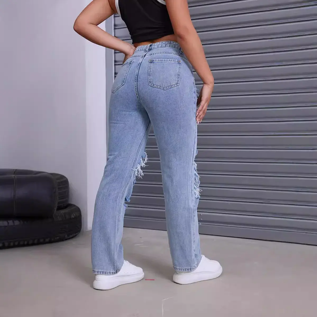 Ripped Jeans for Women Distressed Hole Straight Pants Denim Mom 2025 Streetwear High Waist Washed Vintage Ankle Length Trousers