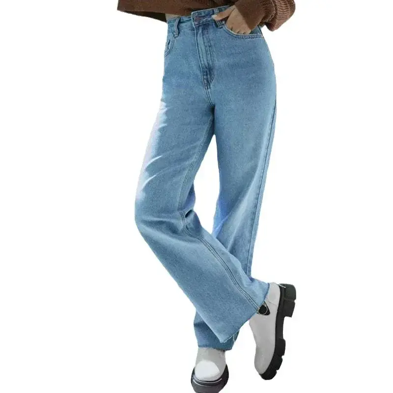 Mom Jeans Women Straight Pants Denim Washing High Waist Loose Pockets Button Basics Color Holes Jeans Casual Wide Leg Trousers