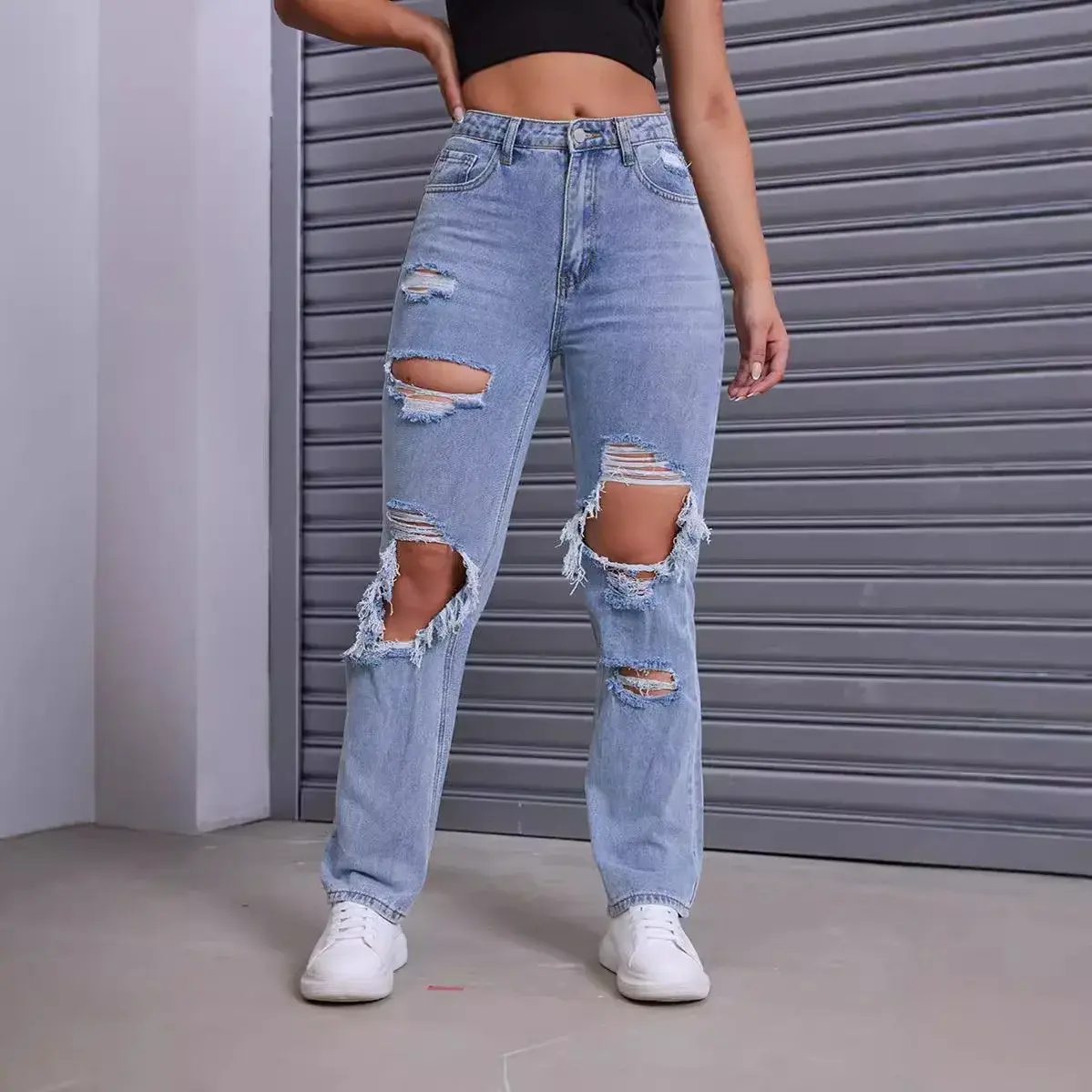 Ripped Jeans for Women Distressed Hole Straight Pants Denim Mom 2025 Streetwear High Waist Washed Vintage Ankle Length Trousers