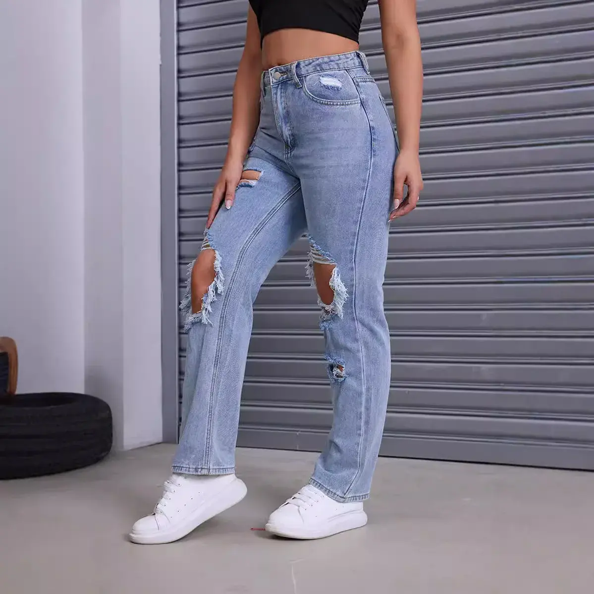 Ripped Jeans for Women Distressed Hole Straight Pants Denim Mom 2025 Streetwear High Waist Washed Vintage Ankle Length Trousers