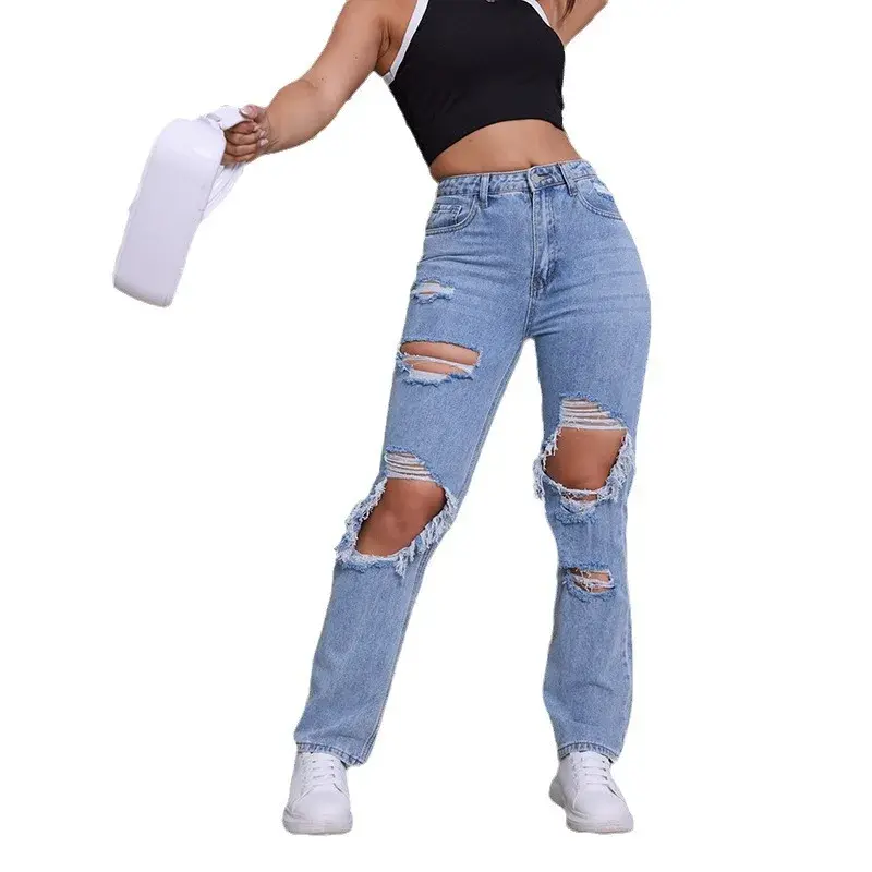 Ripped Jeans for Women Distressed Hole Straight Pants Denim Mom 2025 Streetwear High Waist Washed Vintage Ankle Length Trousers