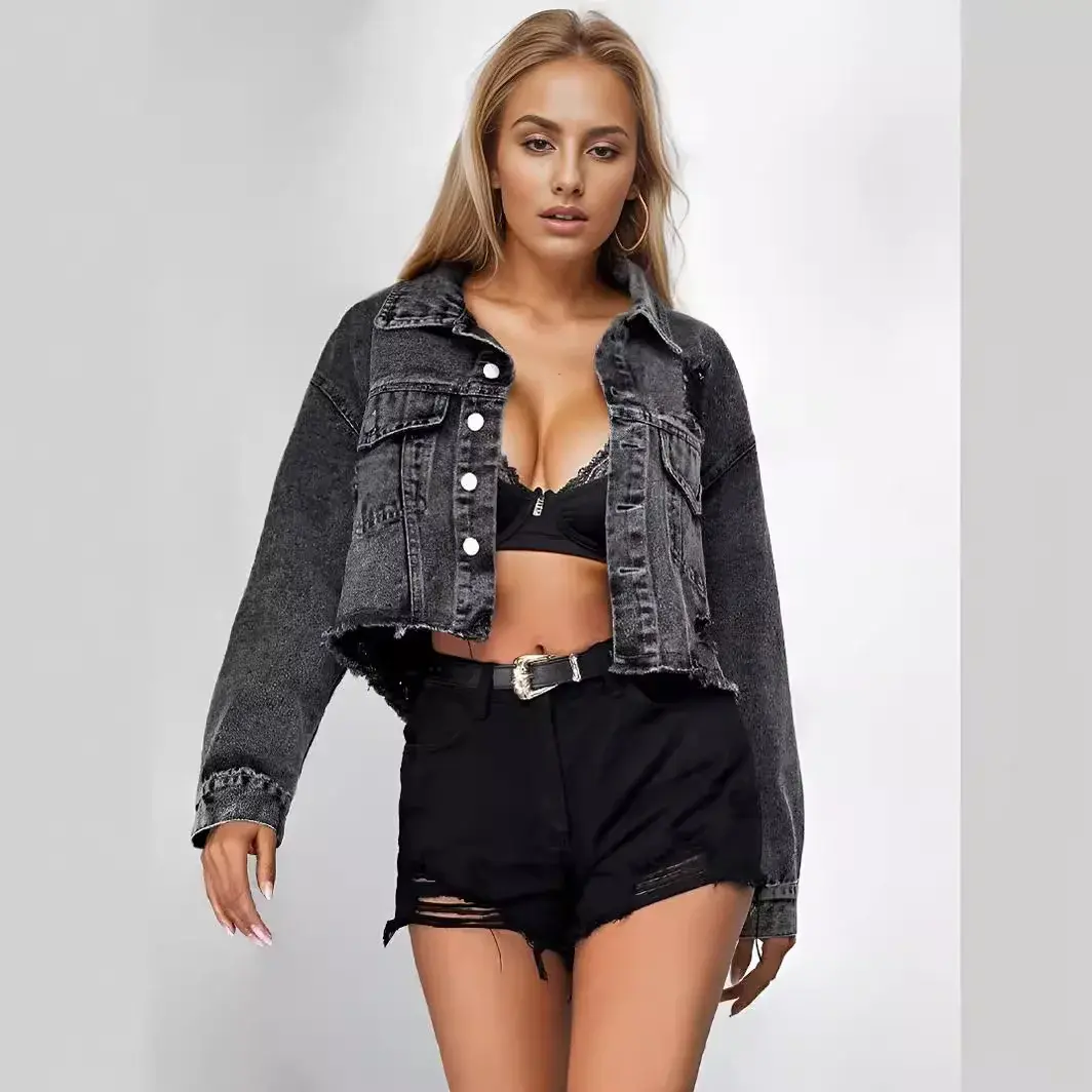 Denim Coat Women Single Breasted Cardigan Jackets Mom Jeans Y2k Streetwear Holes Solid Slim High Street Jackets Pockets Button