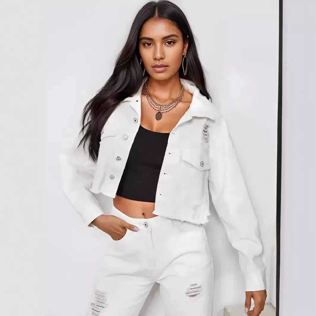 Denim Coat Women Single Breasted Cardigan Jackets Mom Jeans Y2k Streetwear Holes Solid Slim High Street Jackets Pockets Button