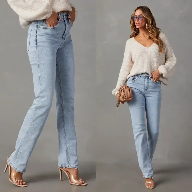 Jeans Women Denim Straight Pants High Waist Zipper Fly Flat Washing Slim Mom Pockets Office Lady Spring Autumn 2025 Solid Color