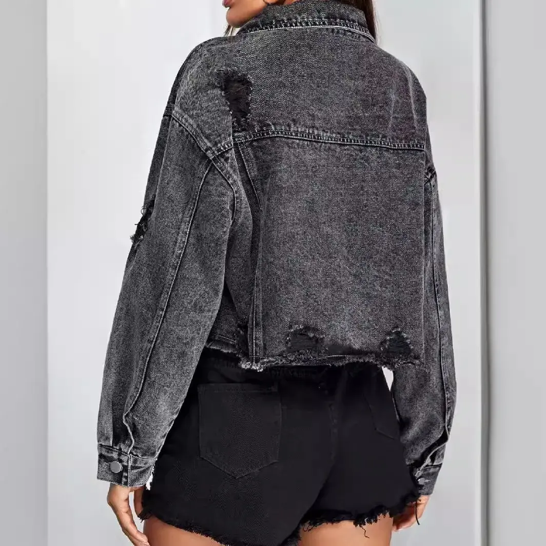 Denim Coat Women Single Breasted Cardigan Jackets Mom Jeans Y2k Streetwear Holes Solid Slim High Street Jackets Pockets Button