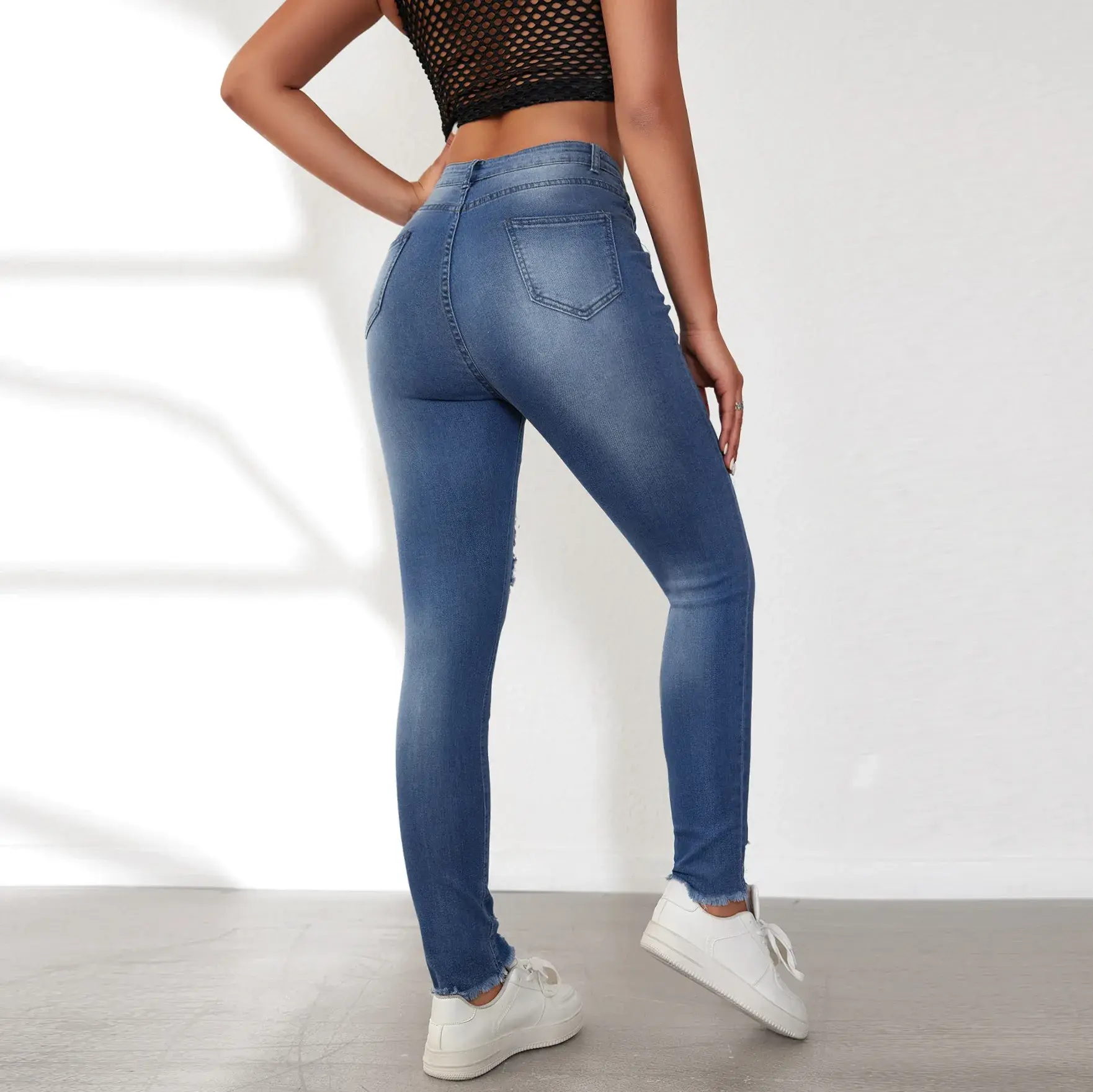 Pencil Jeans Women Ankle Length Denim Pants Patchwork High Waist Skinny Y2k Jeans Mom Pockets Hole Streetwear Bodycon Summer