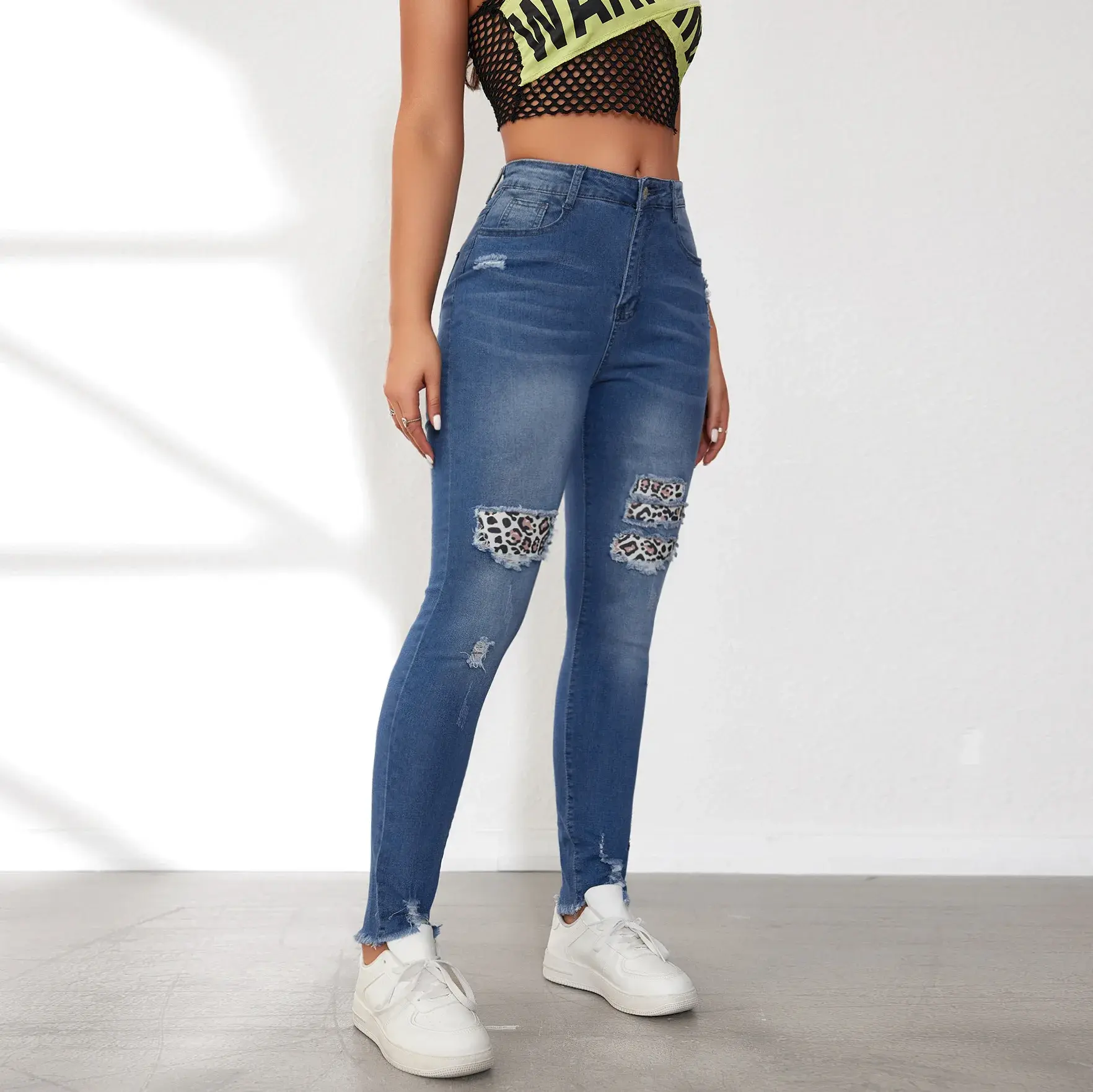 Pencil Jeans Women Ankle Length Denim Pants Patchwork High Waist Skinny Y2k Jeans Mom Pockets Hole Streetwear Bodycon Summer