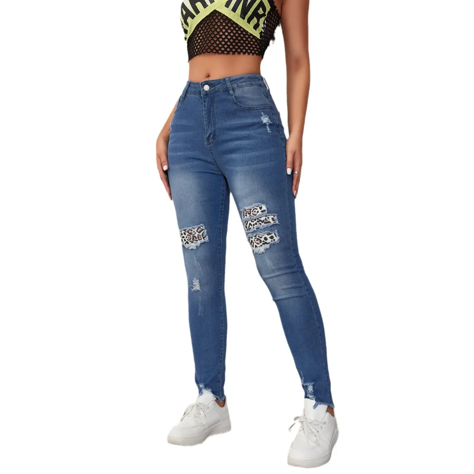 Pencil Jeans Women Ankle Length Denim Pants Patchwork High Waist Skinny Y2k Jeans Mom Pockets Hole Streetwear Bodycon Summer