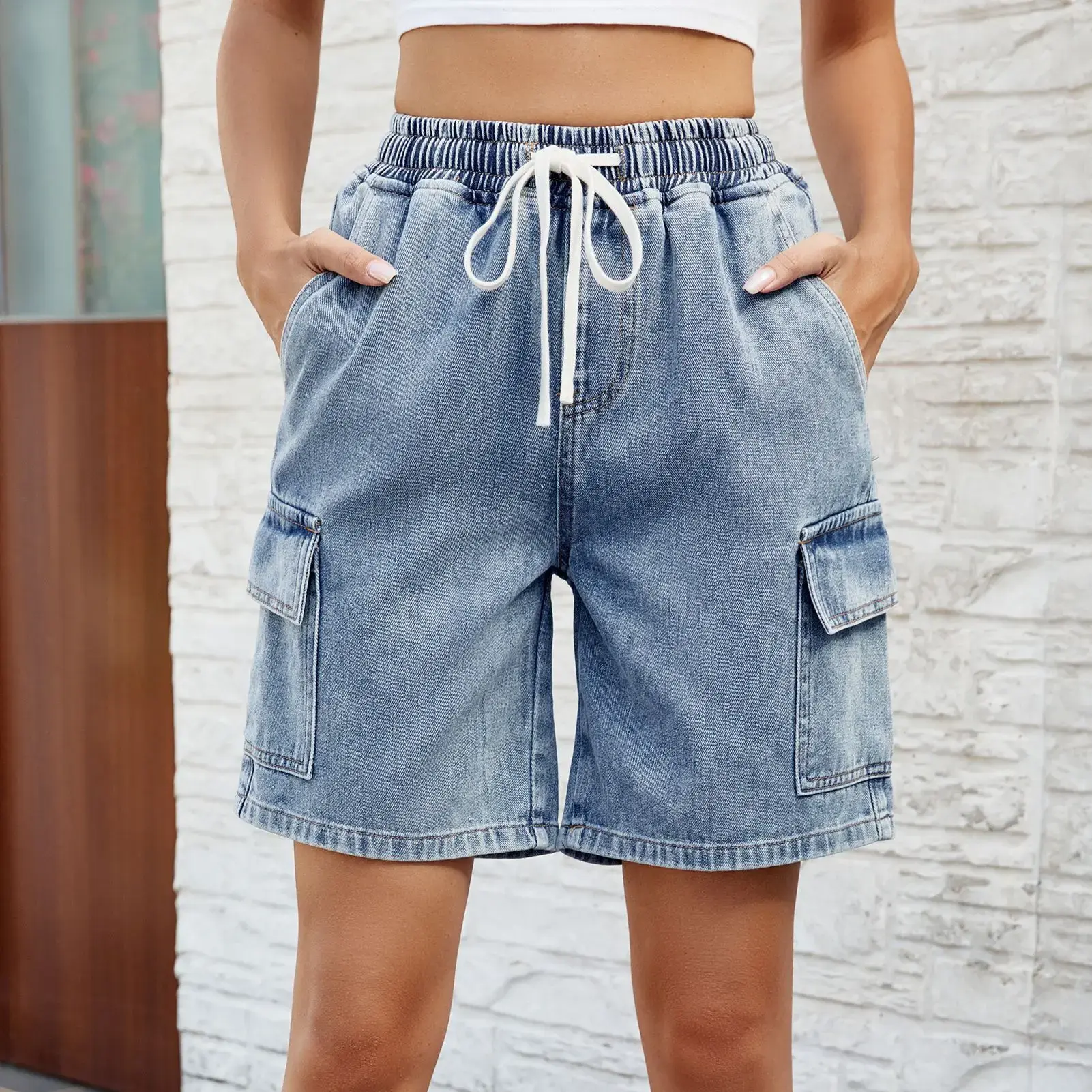 Jeans Women Knee Length Cargo Pants Drawstring Lace Up Elastic Waist Mom Jeans Distressed Pockets Straight Denim 2025 Streetwear