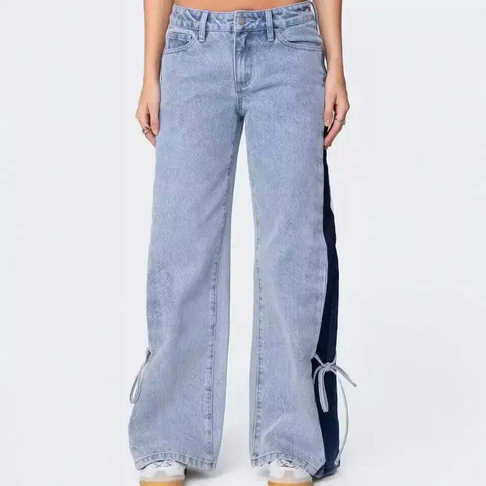 Denim Wide Leg Pants Women Jeans Patchwork Lace Up Washed Distressed Pockets 2025 Streetwear Straight Trousers Y2k Streetwear