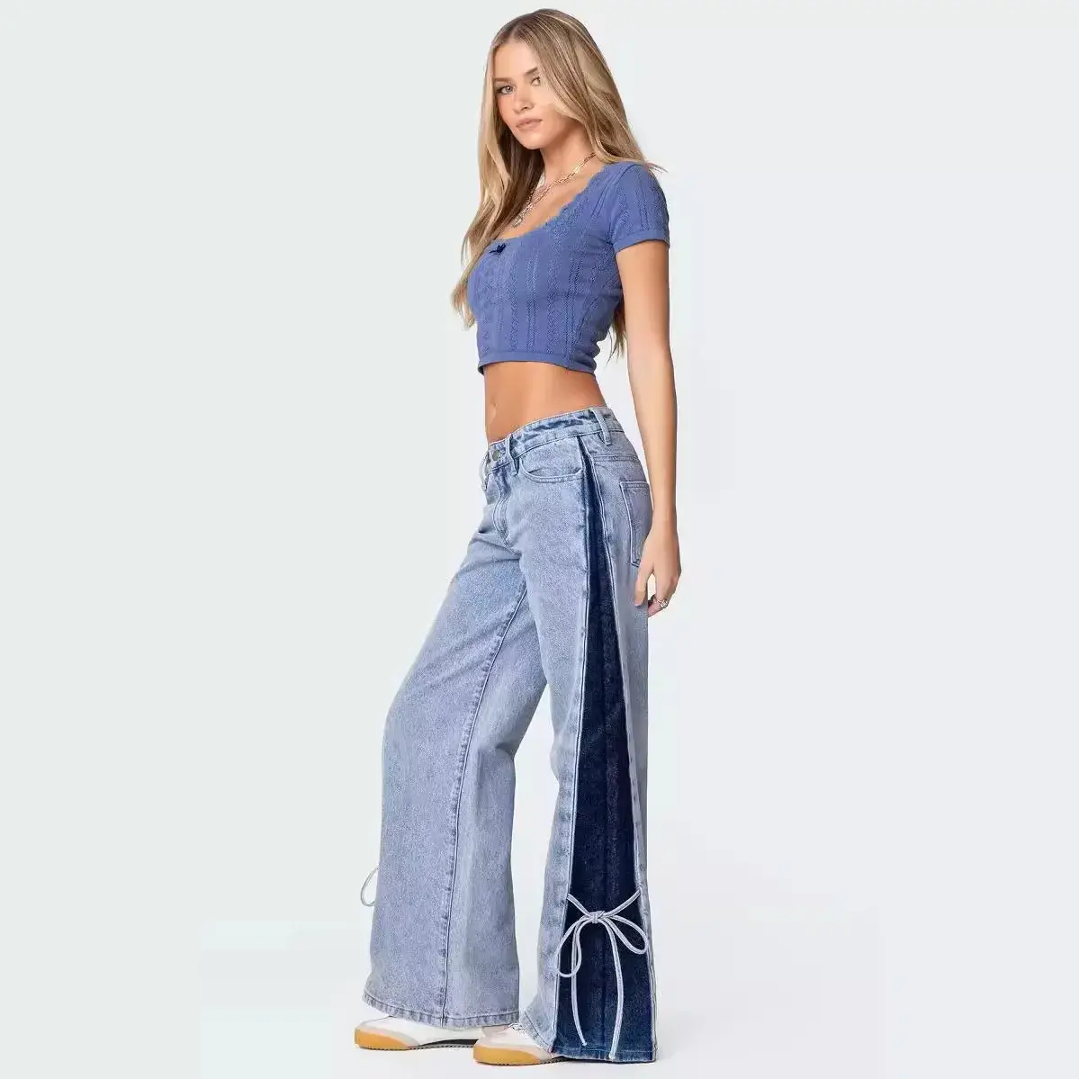 Denim Wide Leg Pants Women Jeans Patchwork Lace Up Washed Distressed Pockets 2025 Streetwear Straight Trousers Y2k Streetwear