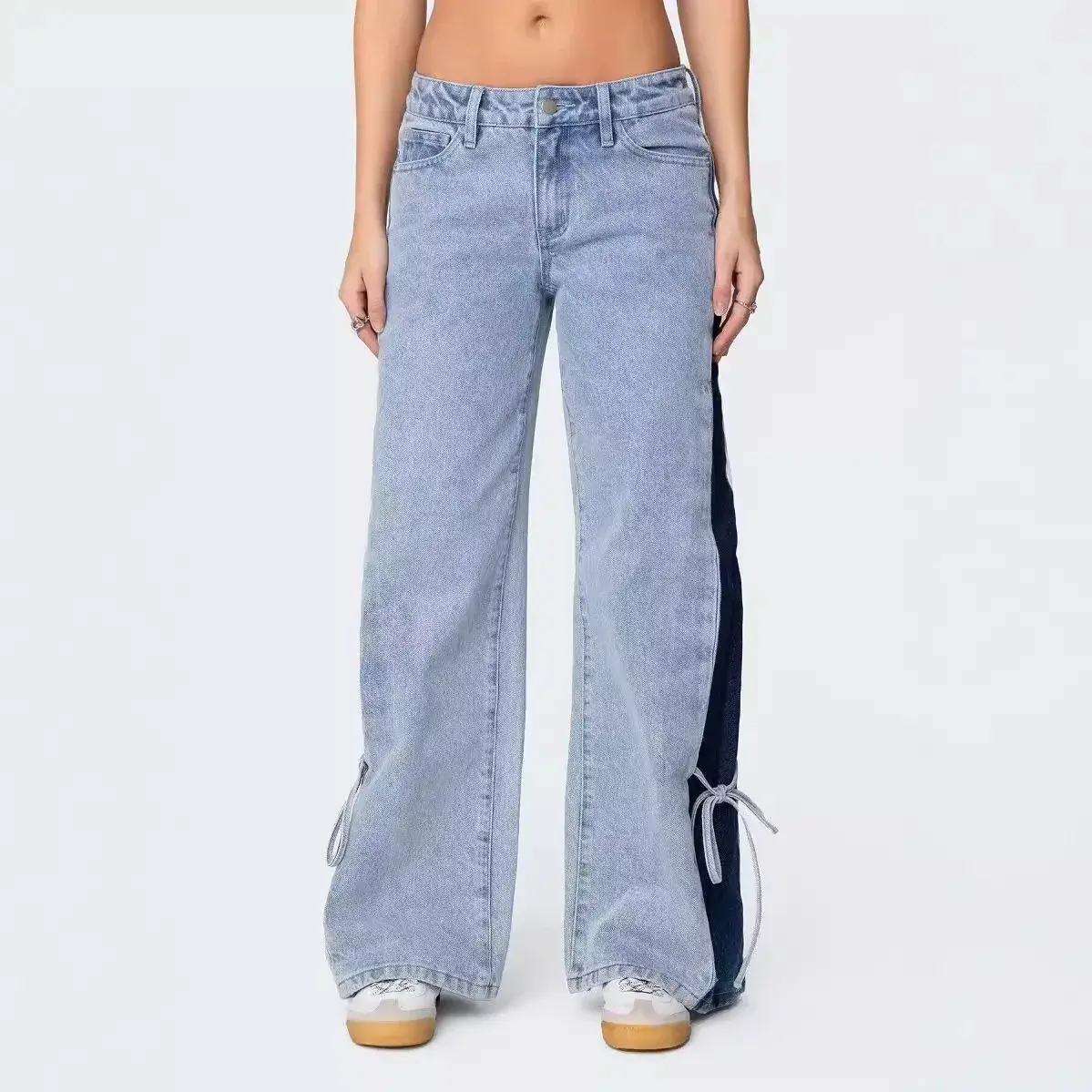 Denim Wide Leg Pants Women Jeans Patchwork Lace Up Washed Distressed Pockets 2025 Streetwear Straight Trousers Y2k Streetwear