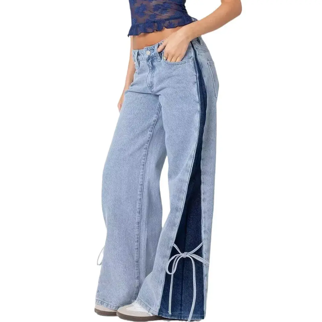 Denim Wide Leg Pants Women Jeans Patchwork Lace Up Washed Distressed Pockets 2025 Streetwear Straight Trousers Y2k Streetwear