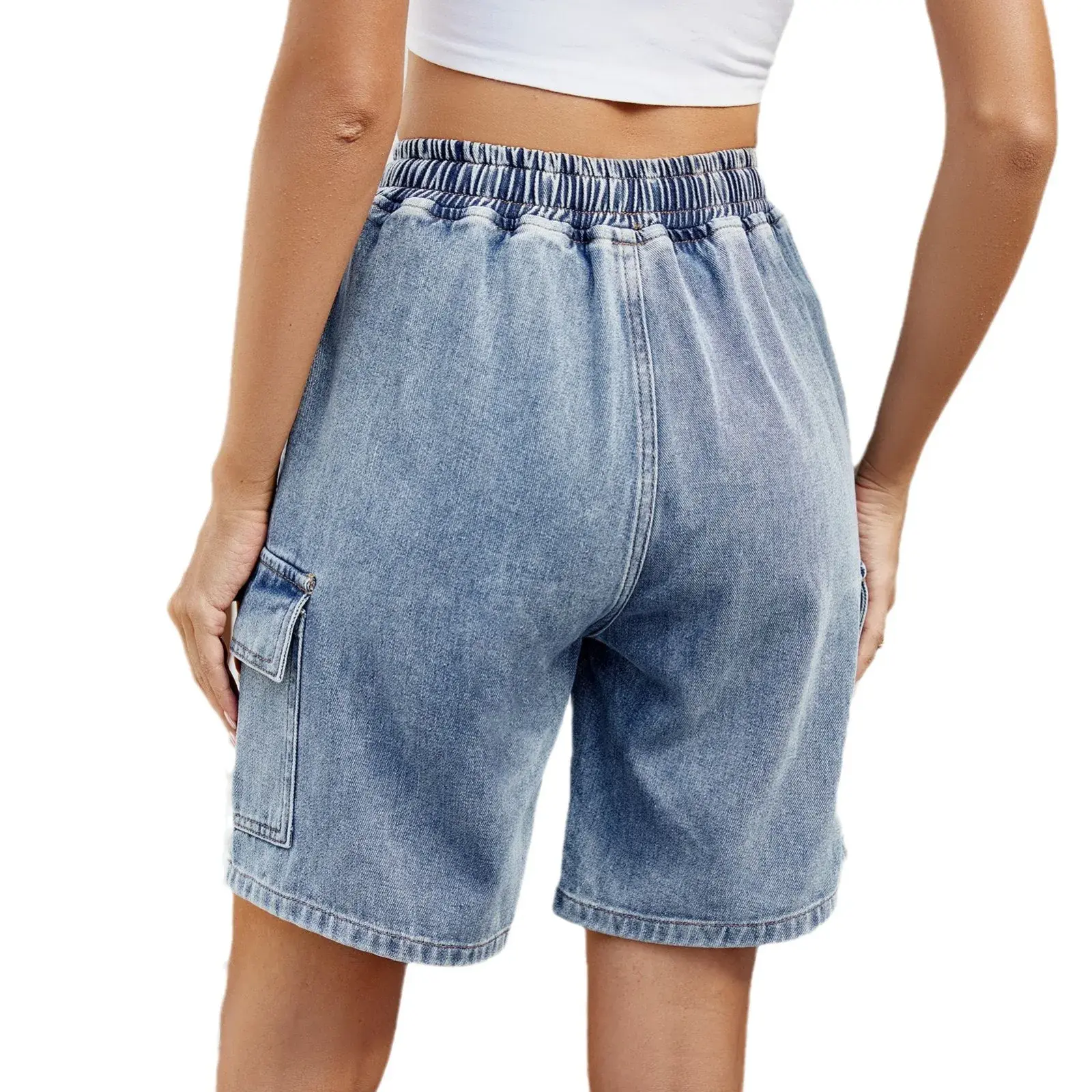 Jeans Women Knee Length Cargo Pants Drawstring Lace Up Elastic Waist Mom Jeans Distressed Pockets Straight Denim 2025 Streetwear