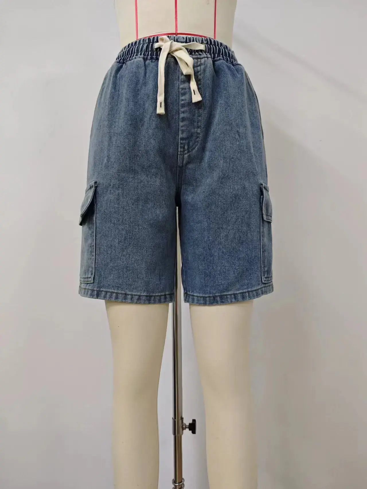 Jeans Women Knee Length Cargo Pants Drawstring Lace Up Elastic Waist Mom Jeans Distressed Pockets Straight Denim 2025 Streetwear